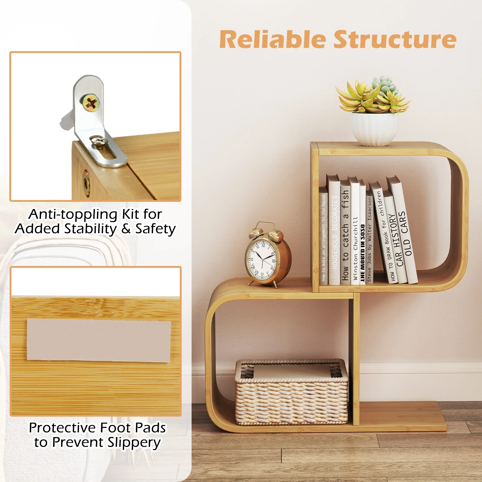 2-Tier S-Shaped Bamboo Bookcase, 2 Open Cubes, Natural - Image 10