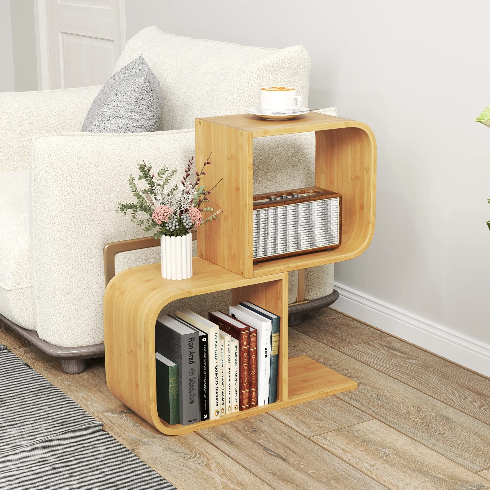 2-Tier S-Shaped Bamboo Bookcase, 2 Open Cubes, Natural - Image 2