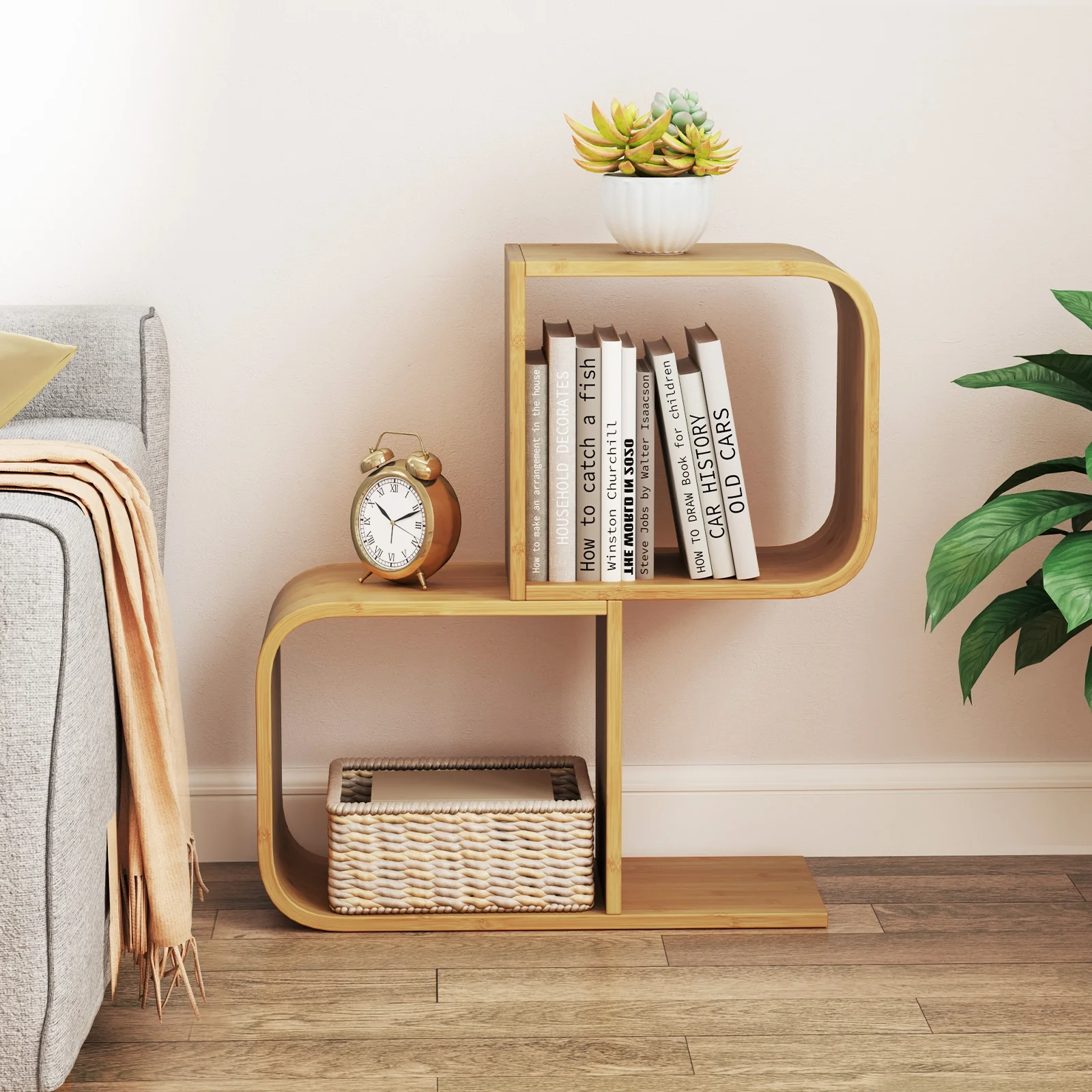 2-Tier S-Shaped Bamboo Bookcase, 2 Open Cubes, Natural - Image 3