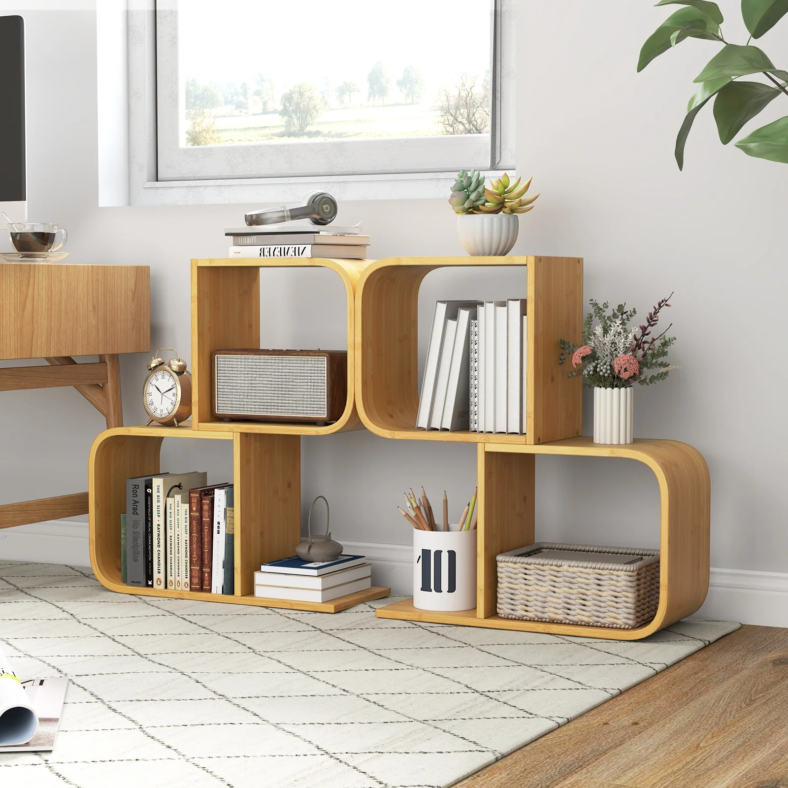 2-Tier S-Shaped Bamboo Bookcase, 2 Open Cubes, Natural - Image 7