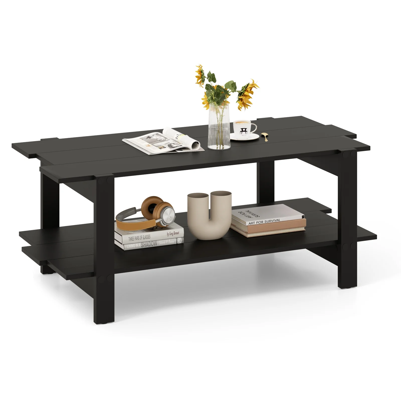 2-Tier Slatted Wood Coffee Table With Storage Shelf, Black - Image 4