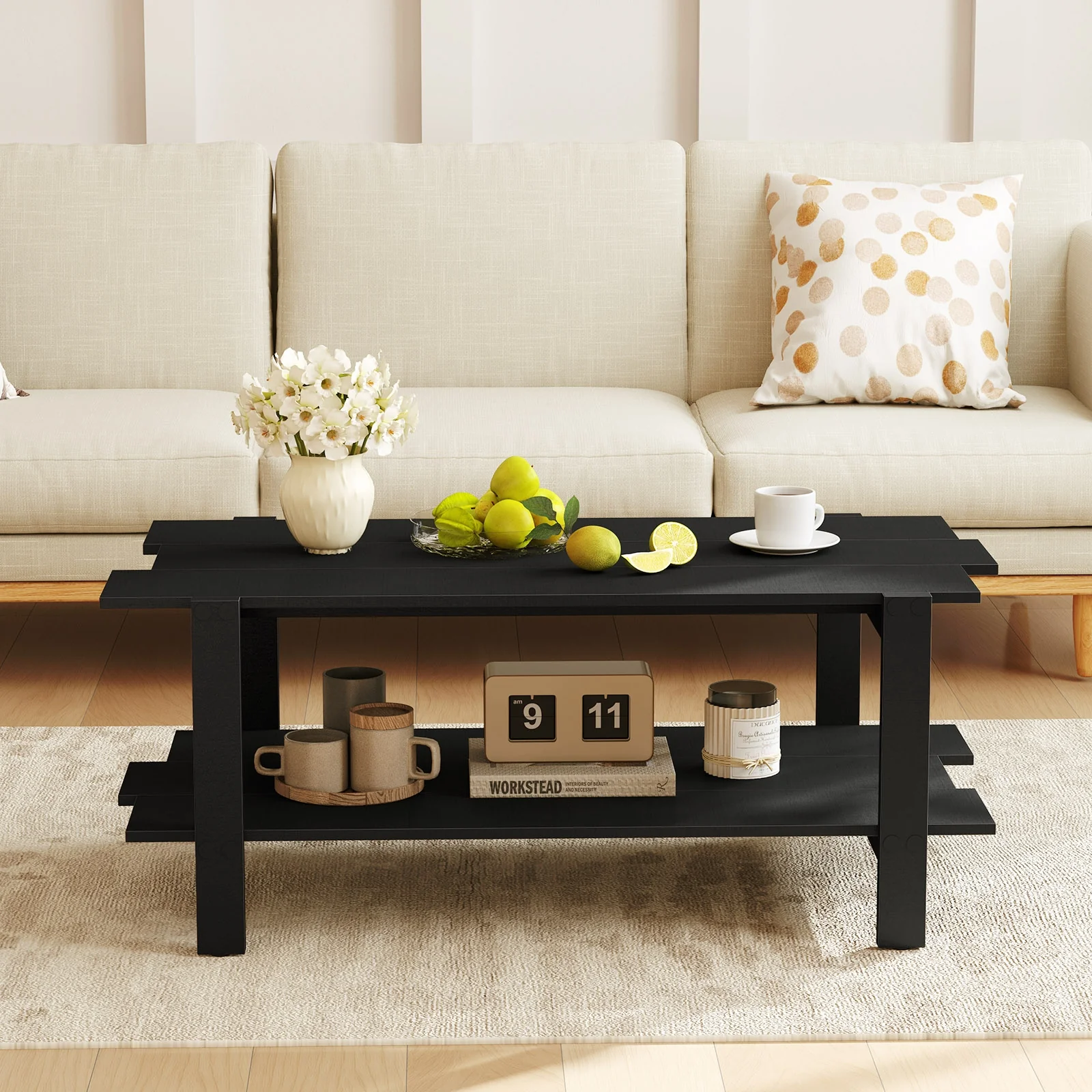 2-Tier Slatted Wood Coffee Table With Storage Shelf, Black - Image 8