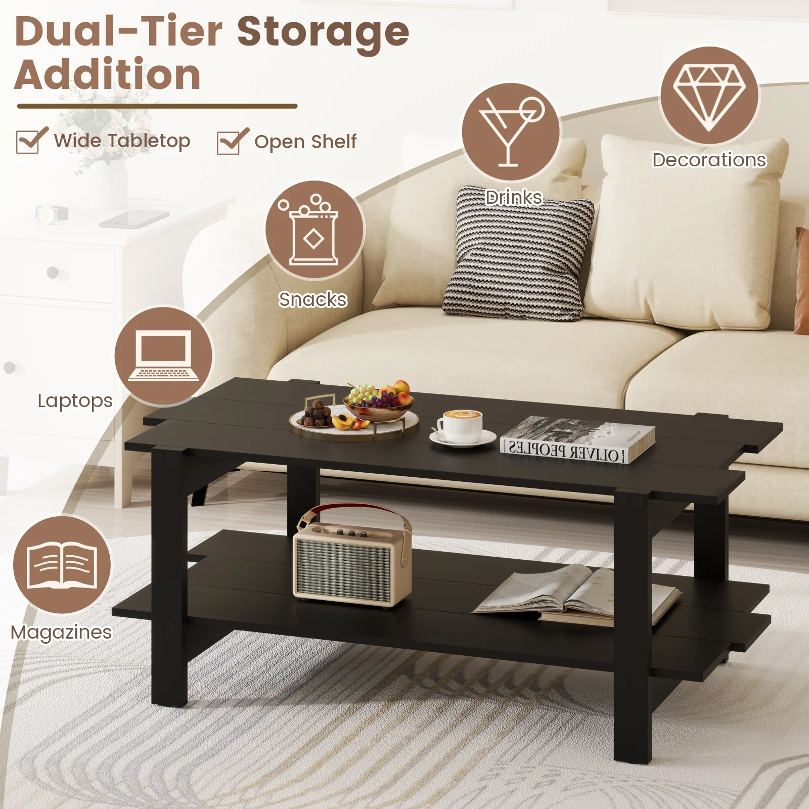 2-Tier Slatted Wood Coffee Table With Storage Shelf, Black - Image 9