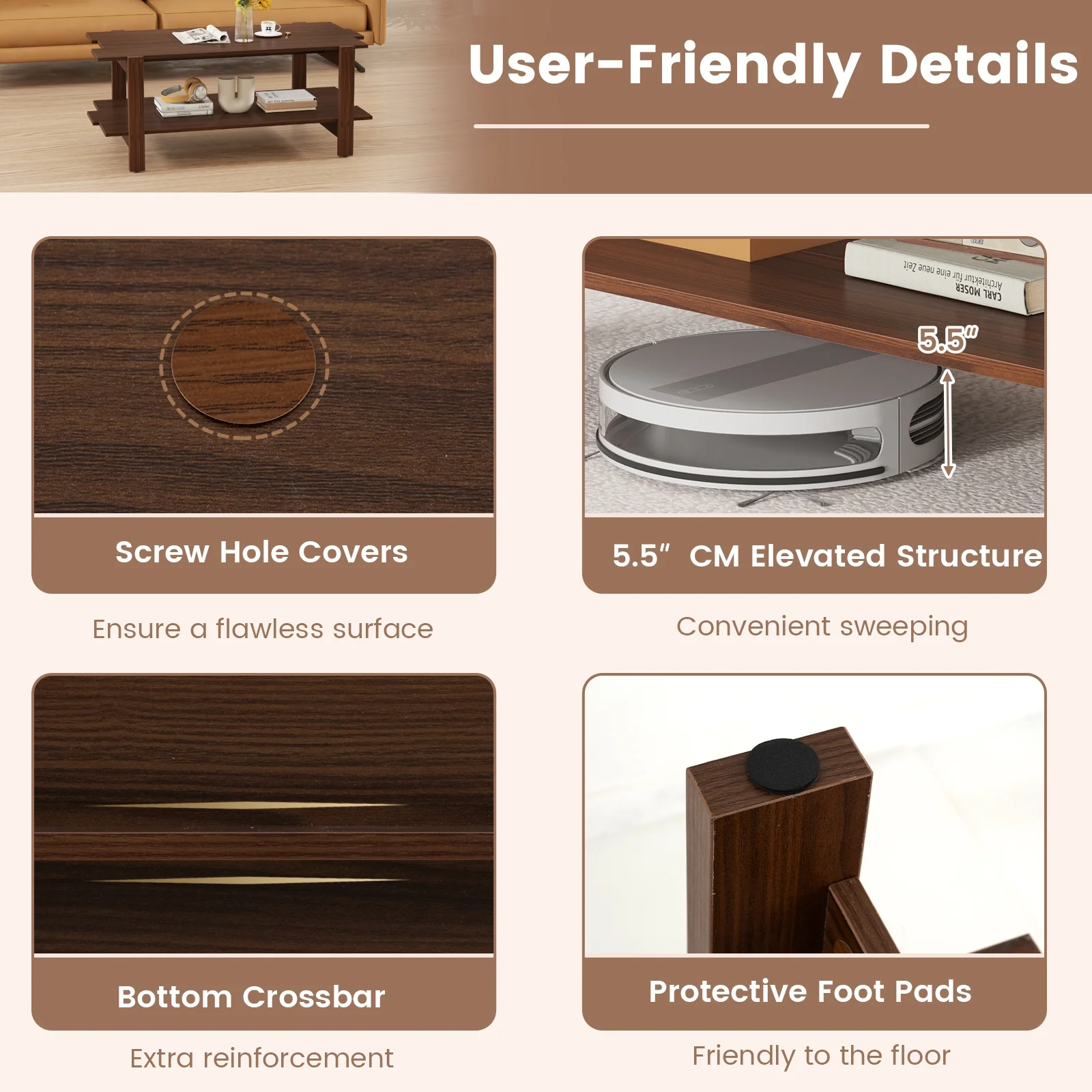 2-Tier Slatted Wood Coffee Table With Storage Shelf, Walnut - Image 10