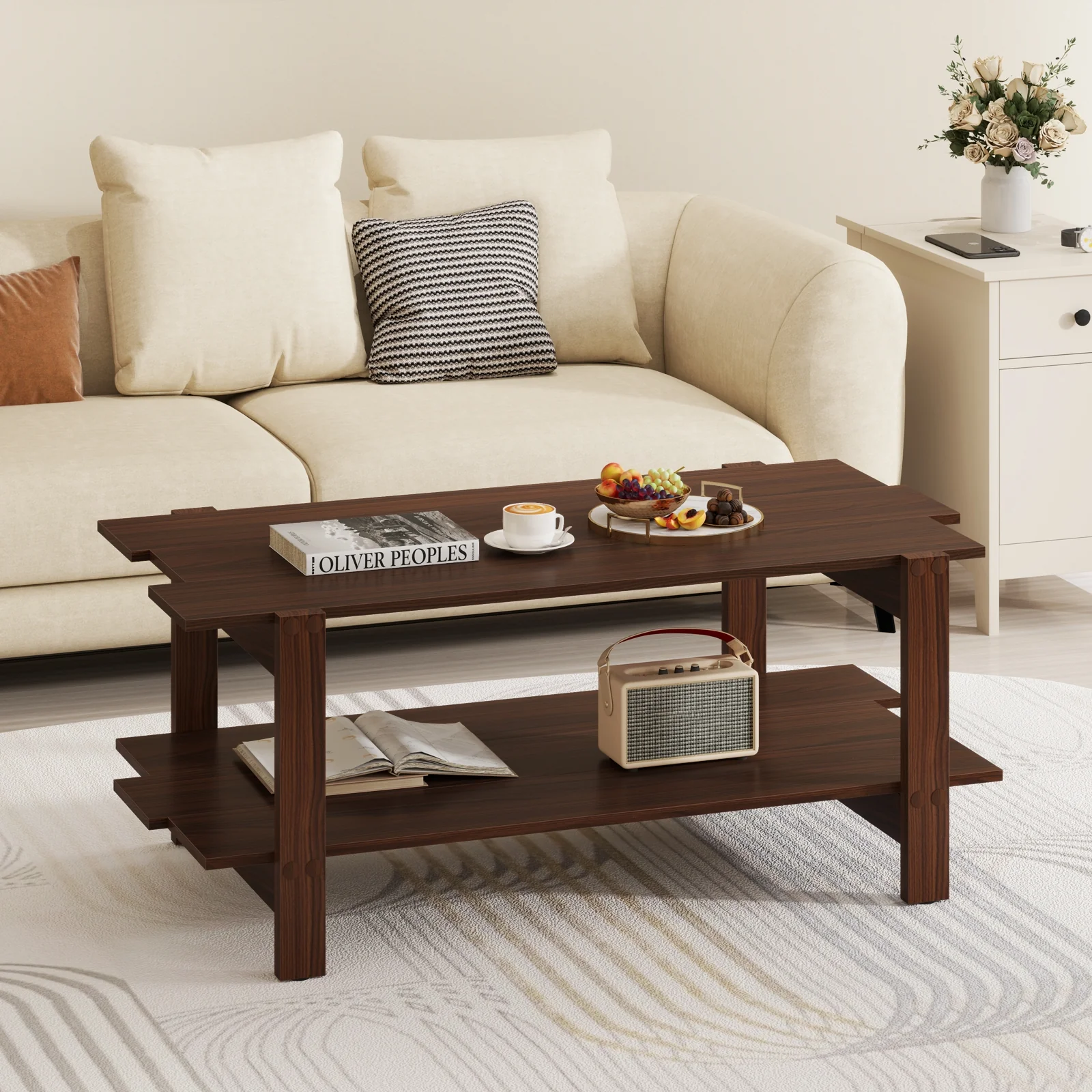 2-Tier Slatted Wood Coffee Table With Storage Shelf, Walnut - Image 3