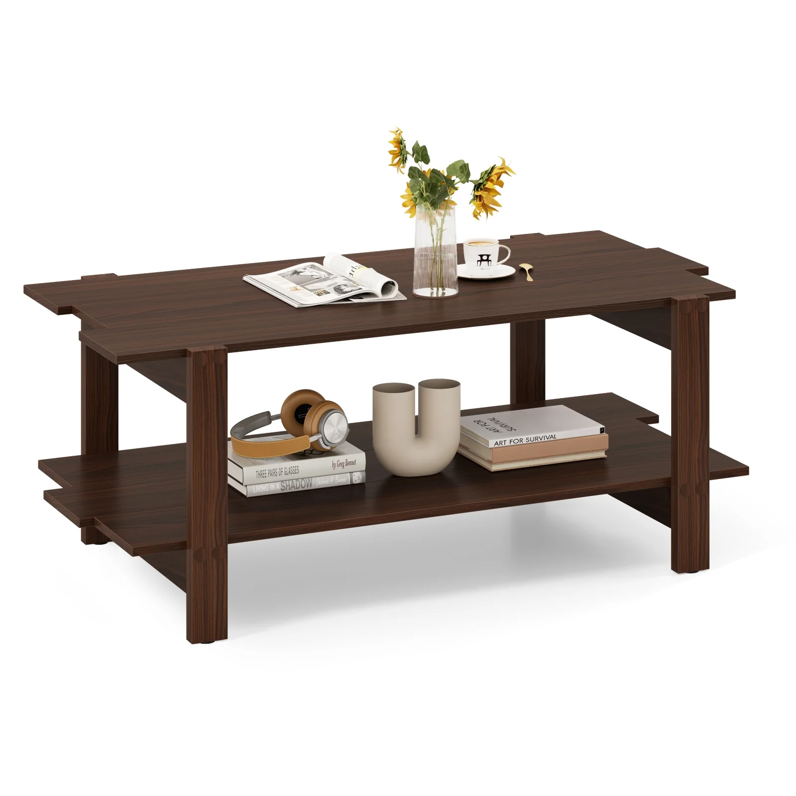 2-Tier Slatted Wood Coffee Table With Storage Shelf, Walnut - Image 4