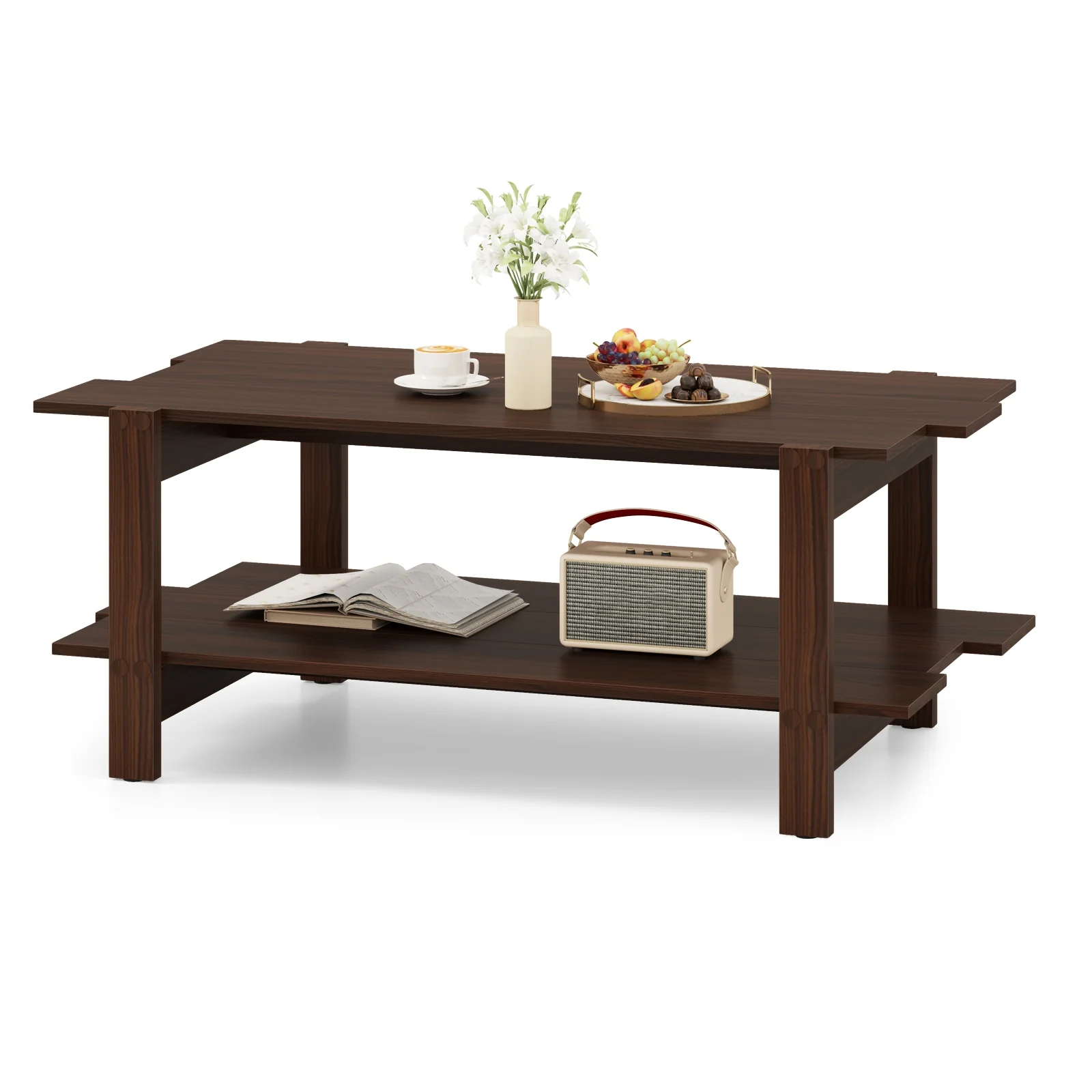 2-Tier Slatted Wood Coffee Table With Storage Shelf, Walnut - Image 5
