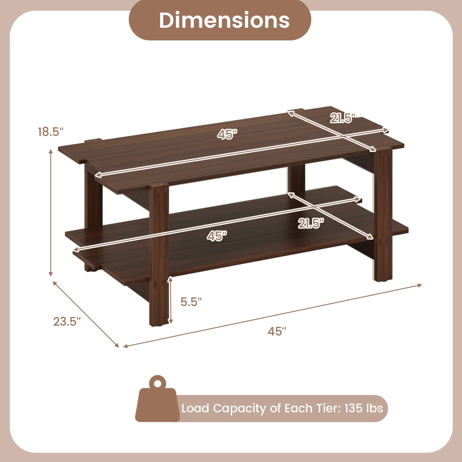 2-Tier Slatted Wood Coffee Table With Storage Shelf, Walnut - Image 6