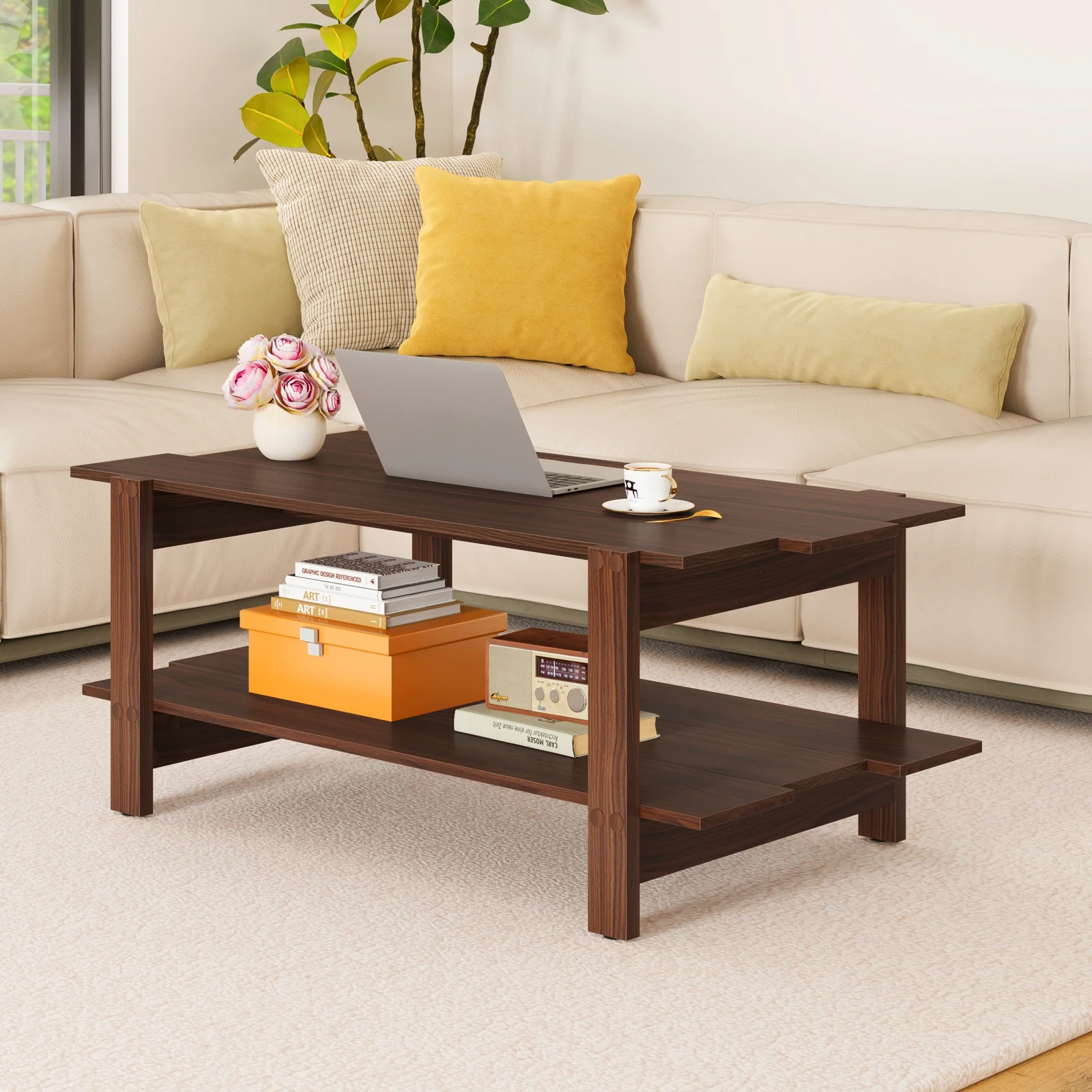 2-Tier Slatted Wood Coffee Table With Storage Shelf, Walnut - Image 7