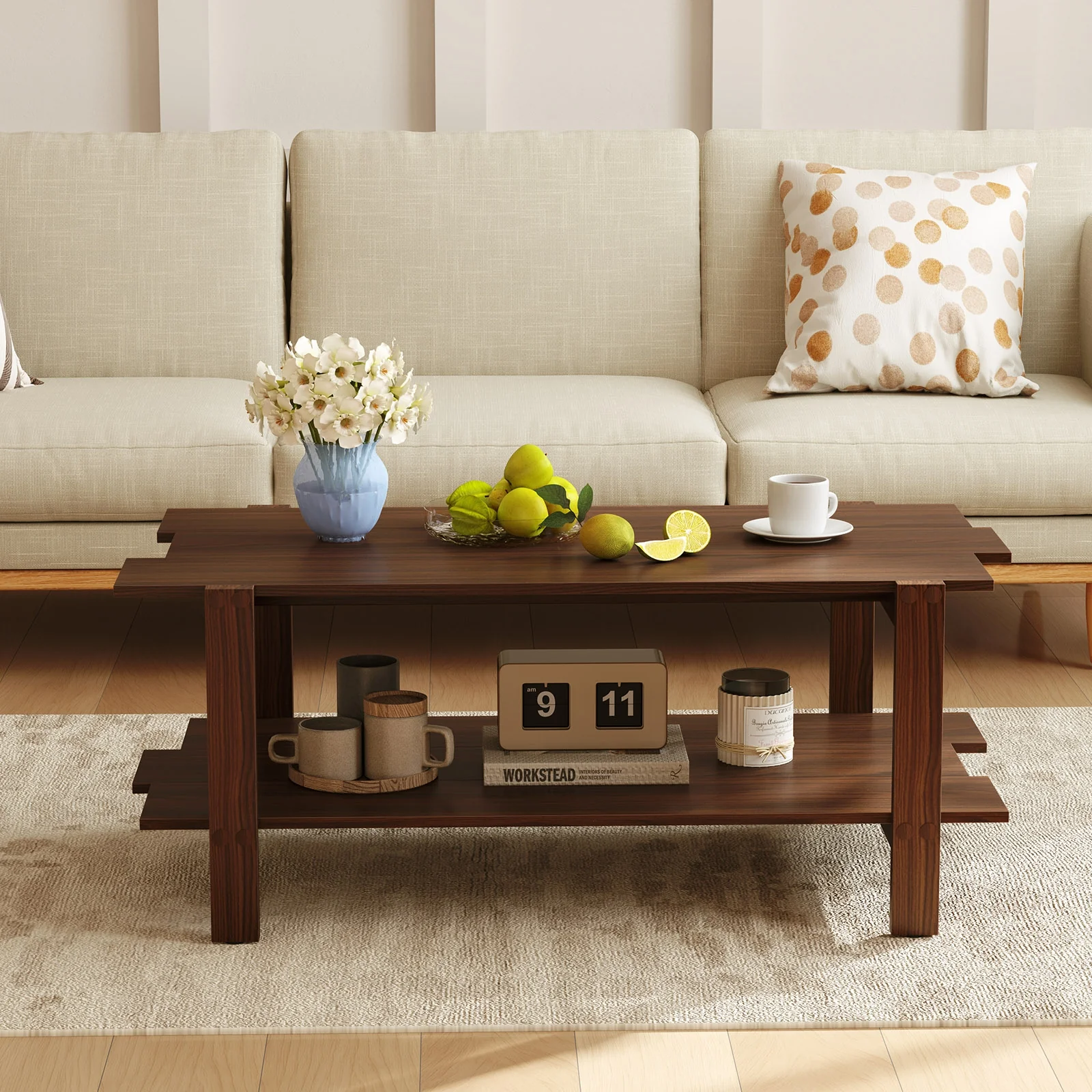 2-Tier Slatted Wood Coffee Table With Storage Shelf, Walnut - Image 8