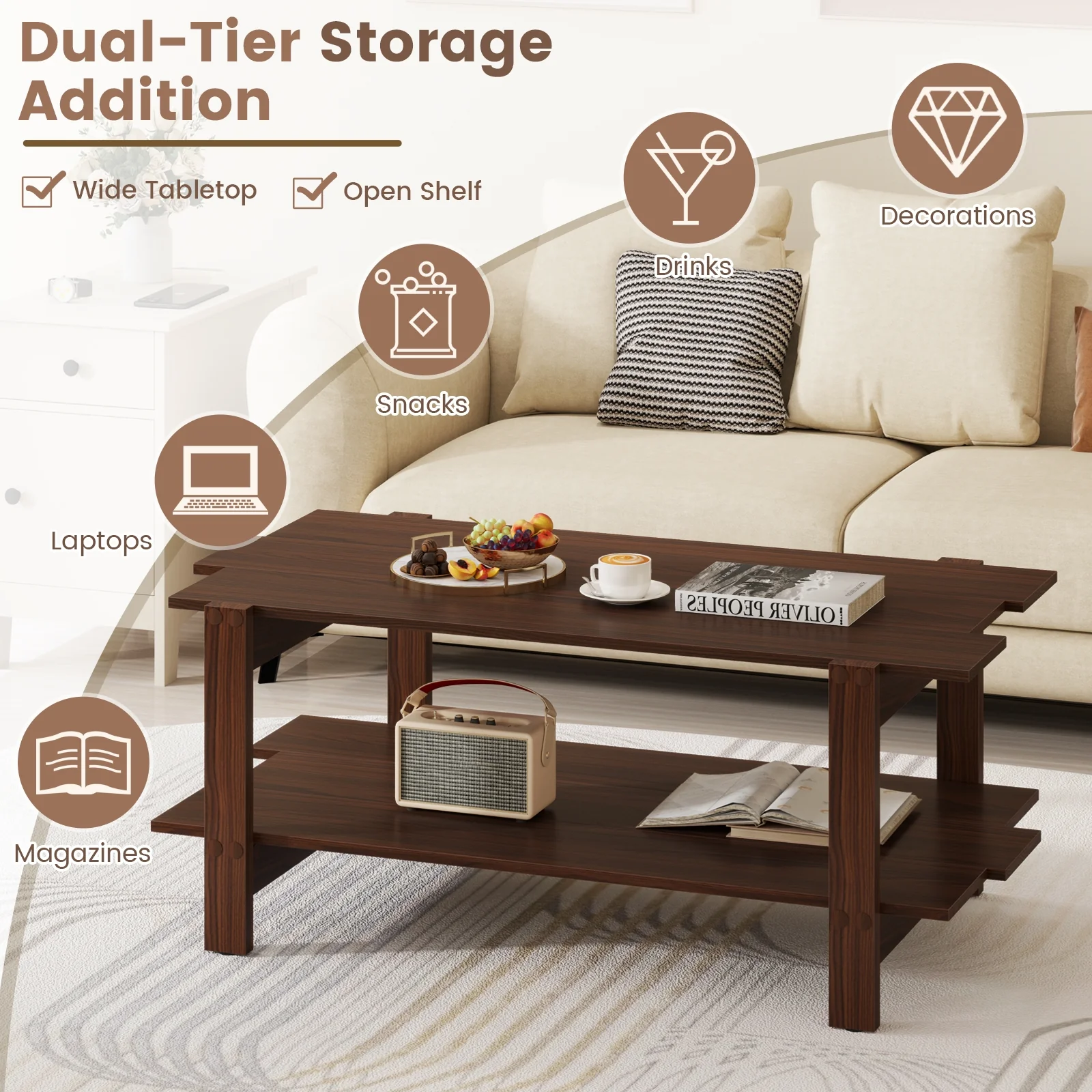 2-Tier Slatted Wood Coffee Table With Storage Shelf, Walnut - Image 9