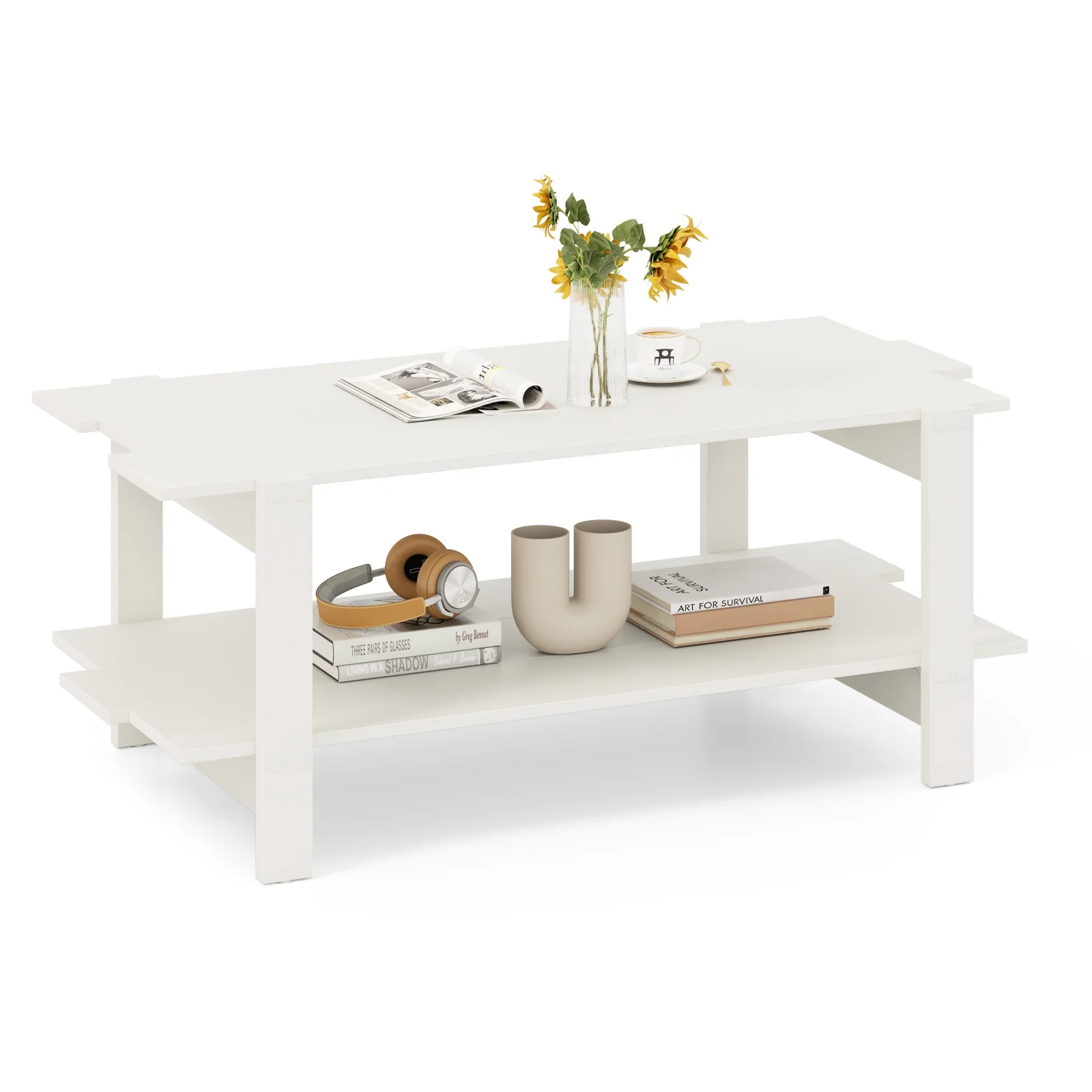 2-Tier Slatted Wood Coffee Table, With Storage Shelf, White