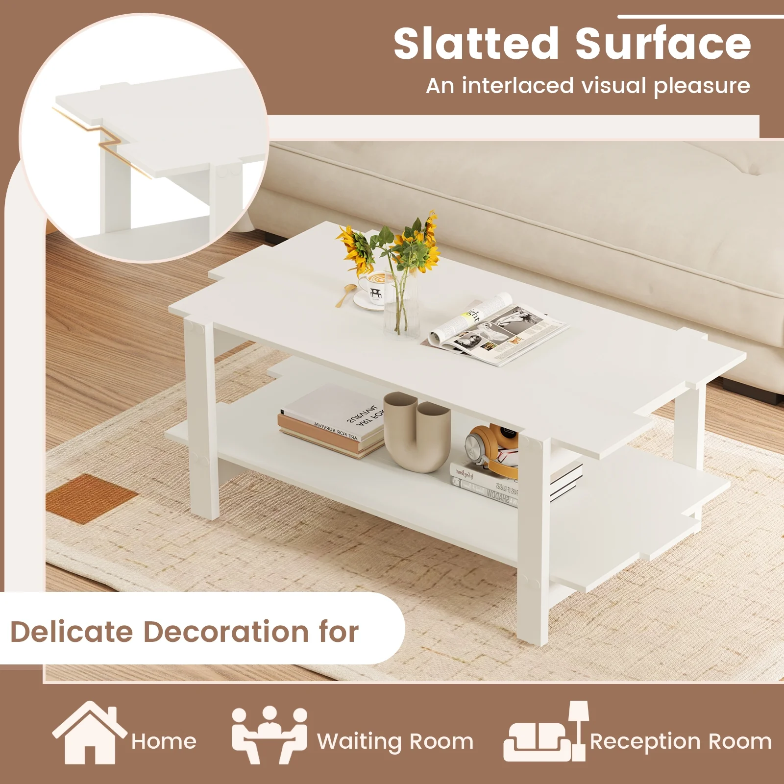 2-Tier Slatted Wood Coffee Table, With Storage Shelf, White - Image 10