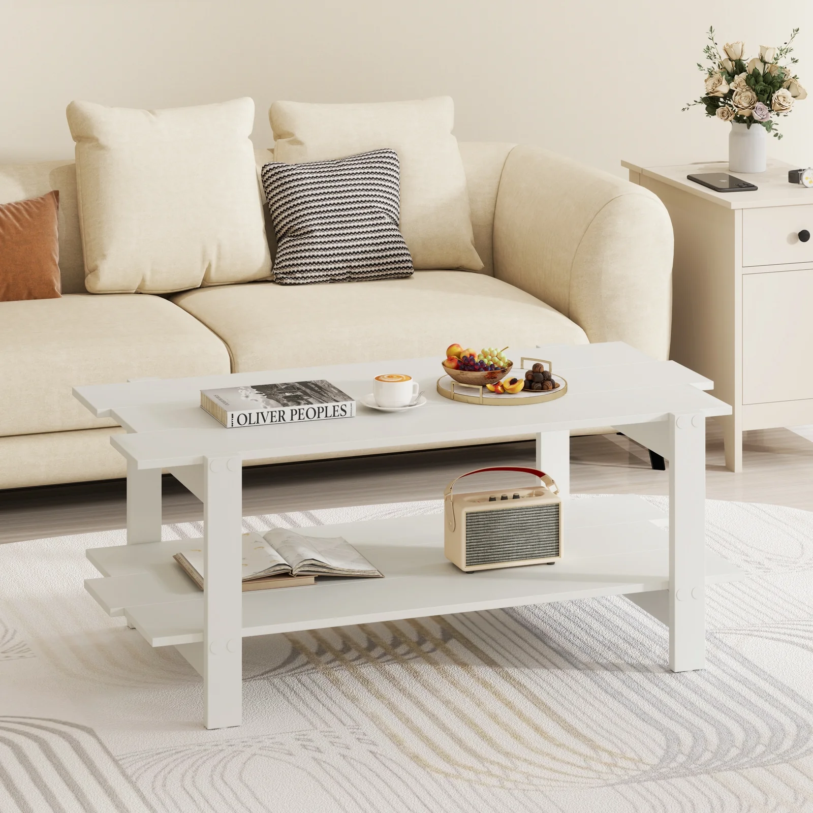 2-Tier Slatted Wood Coffee Table, With Storage Shelf, White - Image 3