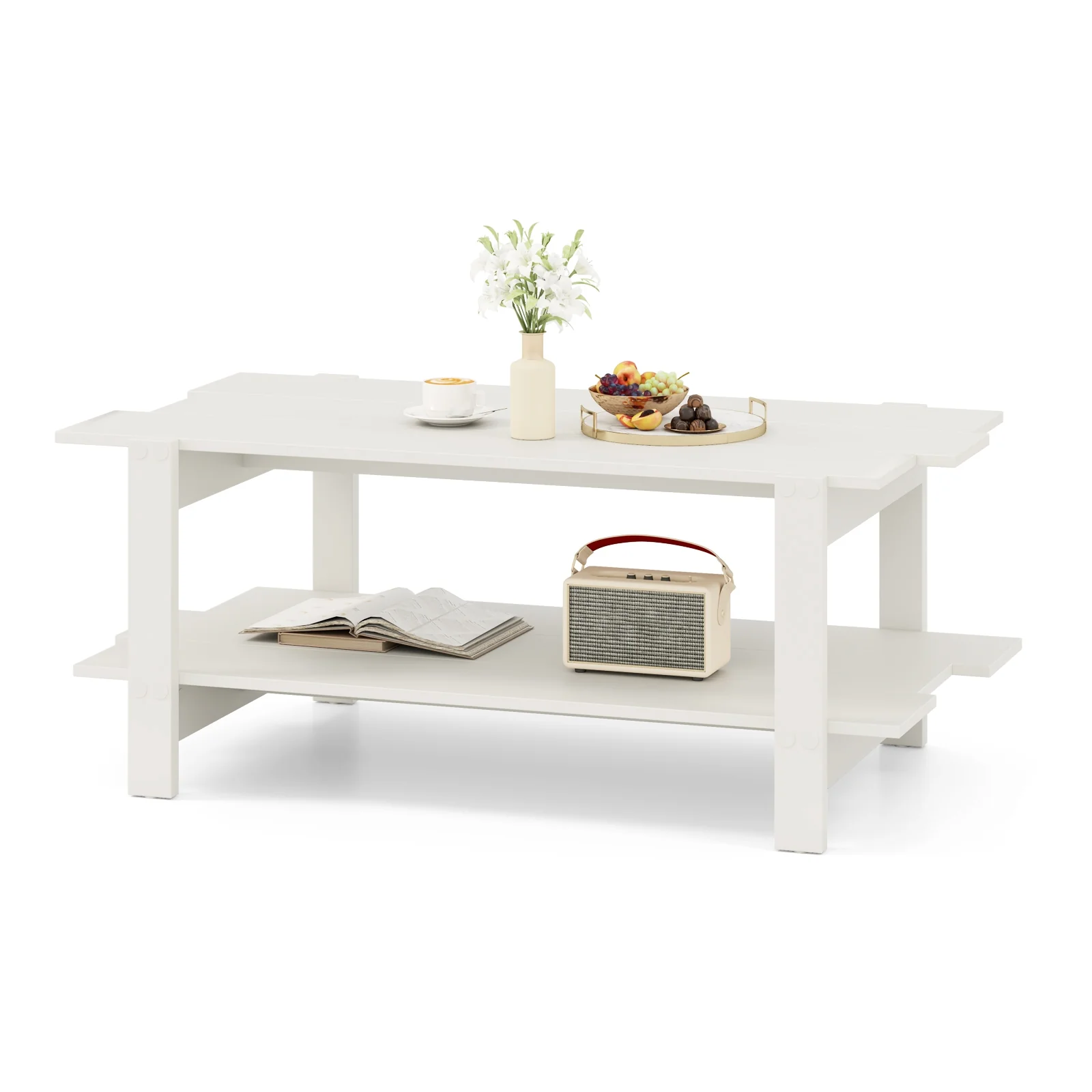 2-Tier Slatted Wood Coffee Table, With Storage Shelf, White - Image 5