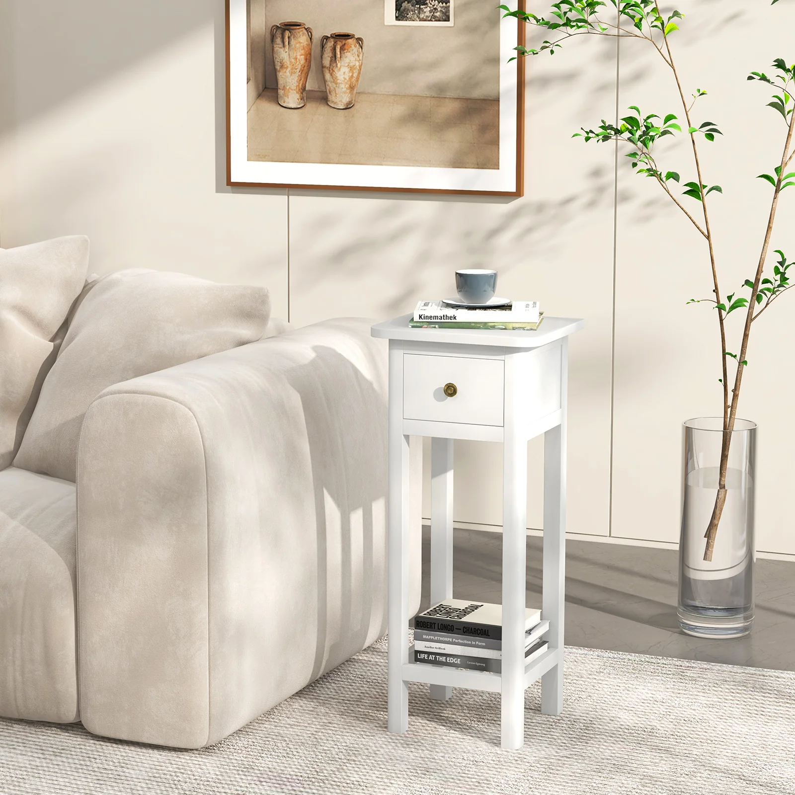 2 Tier Slim Nightstand, With Drawer Shelf, White - Image 2