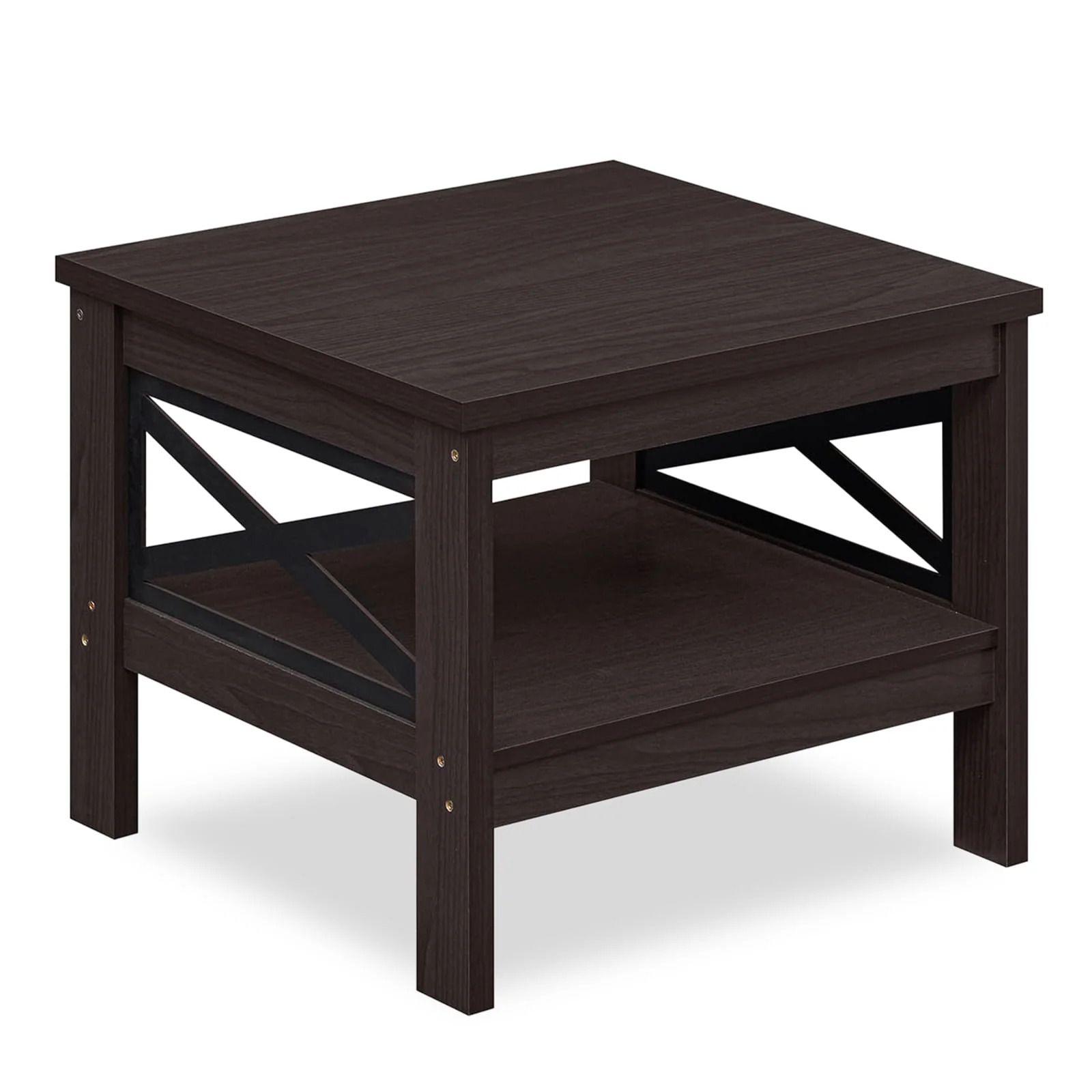 2-Tier Square Side Table With Storage Shelf, X-Frame, Brown