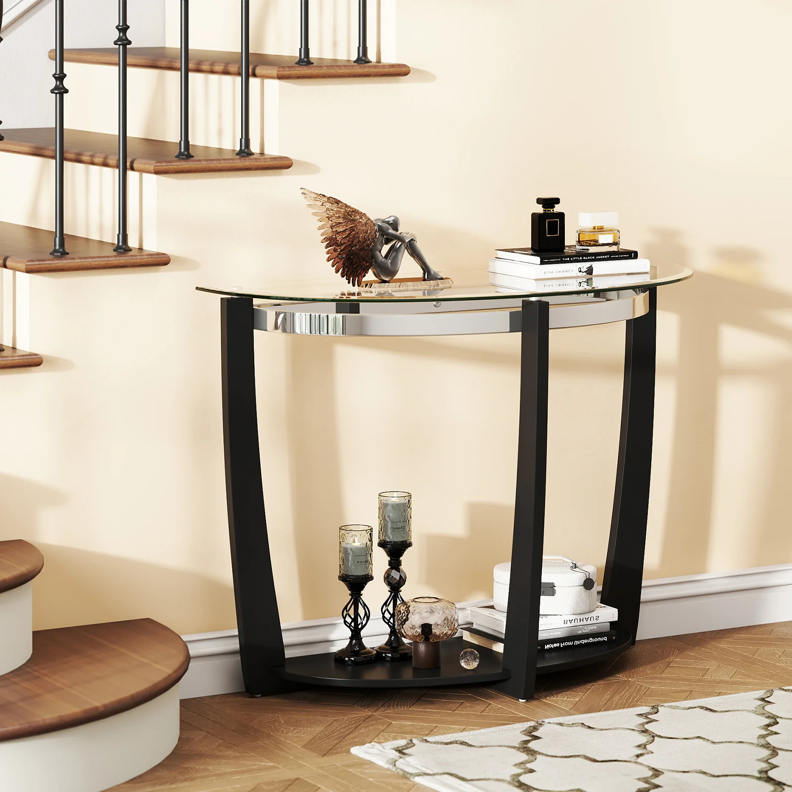 2-tier Tempered Glass Console Table with Clear Glass Top and Open Shelf, Black - Image 2