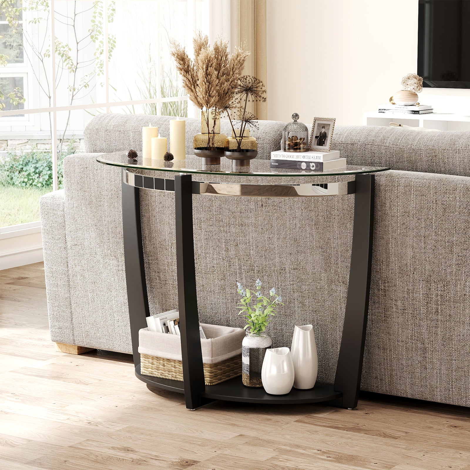 2-tier Tempered Glass Console Table with Clear Glass Top and Open Shelf, Black - Image 3