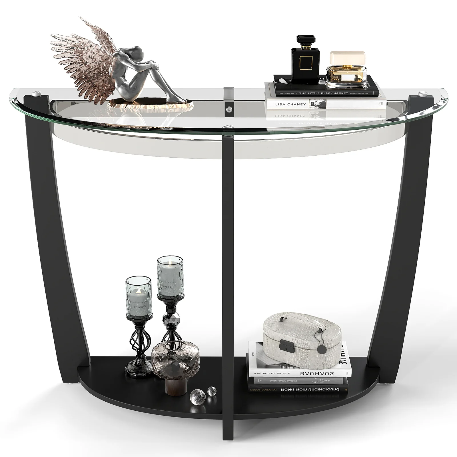 2-tier Tempered Glass Console Table with Clear Glass Top and Open Shelf, Black - Image 4