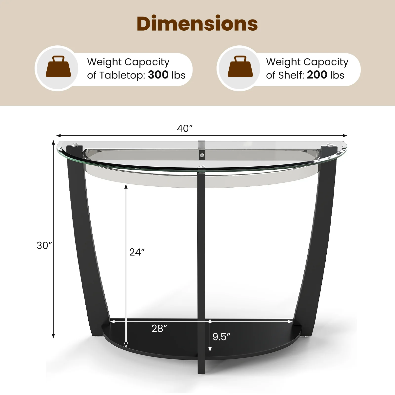 2-tier Tempered Glass Console Table with Clear Glass Top and Open Shelf, Black - Image 6
