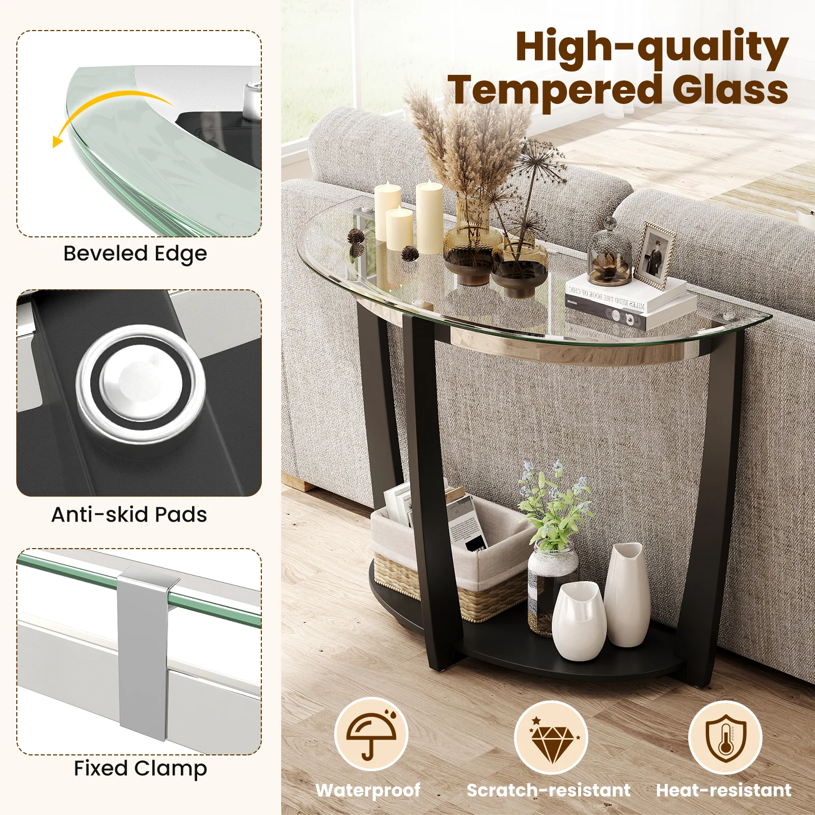 2-tier Tempered Glass Console Table with Clear Glass Top and Open Shelf, Black - Image 7