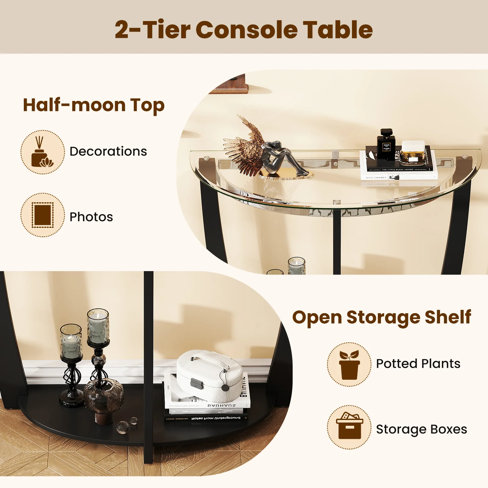 2-tier Tempered Glass Console Table with Clear Glass Top and Open Shelf, Black - Image 8