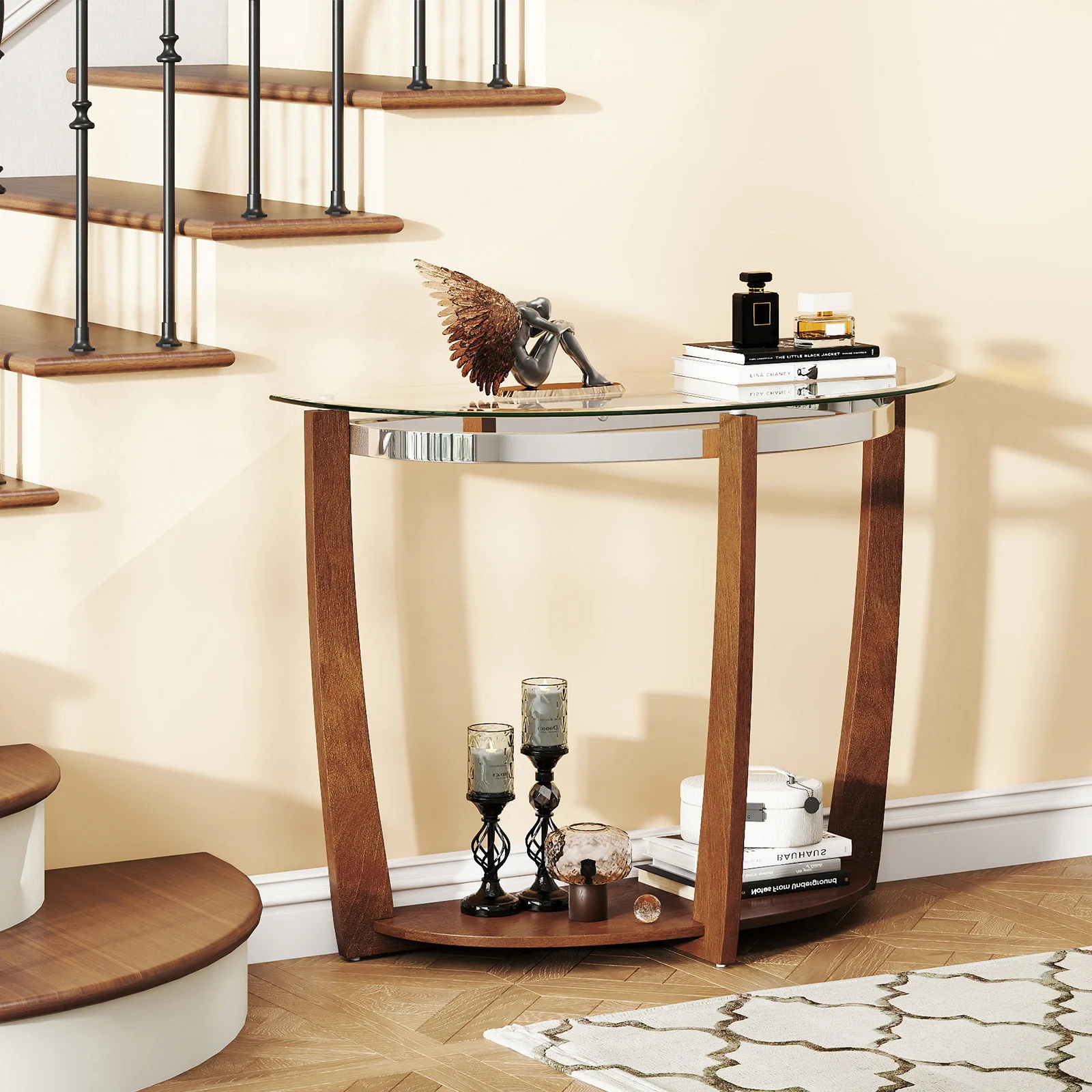 2-tier Tempered Glass Console Table with Clear Glass Top and Open Shelf, Walnut - Image 2