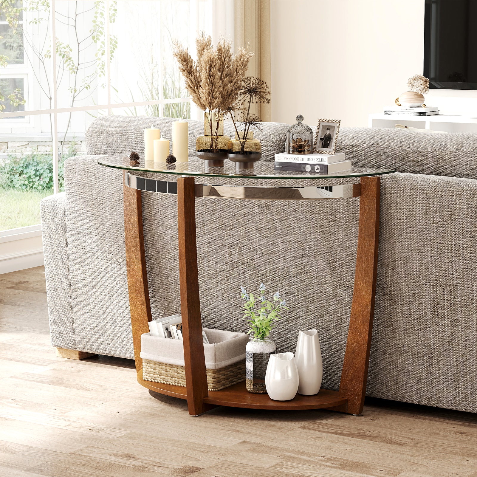2-tier Tempered Glass Console Table with Clear Glass Top and Open Shelf, Walnut - Image 3