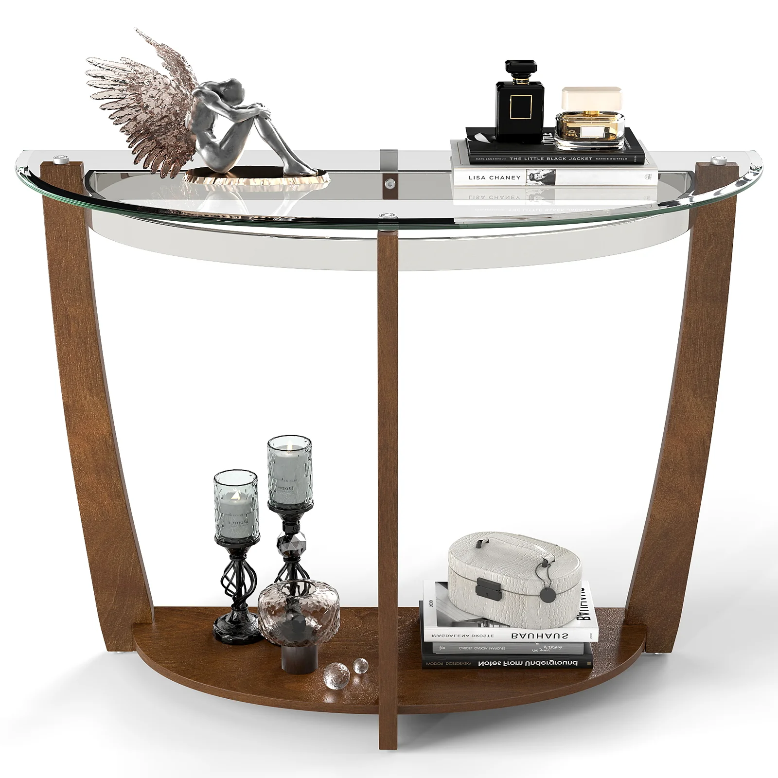 2-tier Tempered Glass Console Table with Clear Glass Top and Open Shelf, Walnut - Image 4