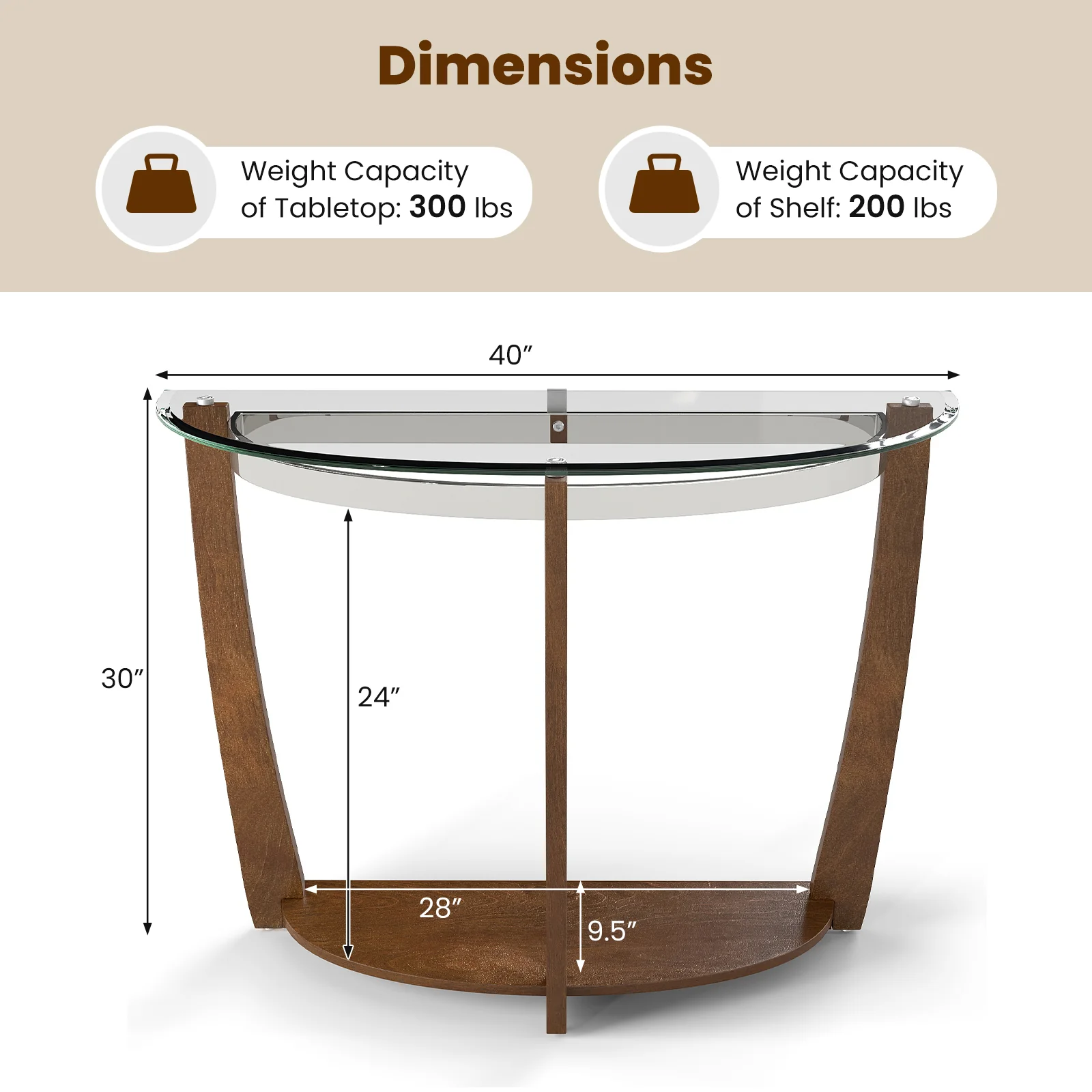 2-tier Tempered Glass Console Table with Clear Glass Top and Open Shelf, Walnut - Image 6