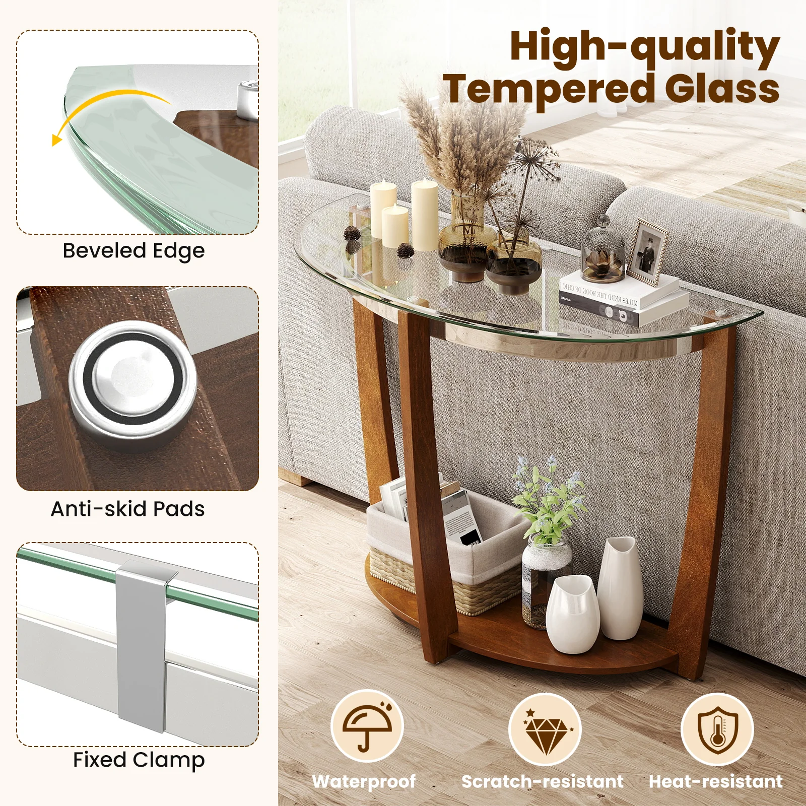 2-tier Tempered Glass Console Table with Clear Glass Top and Open Shelf, Walnut - Image 7
