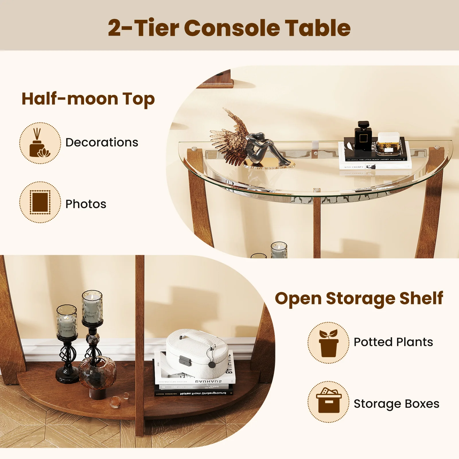 2-tier Tempered Glass Console Table with Clear Glass Top and Open Shelf, Walnut - Image 8