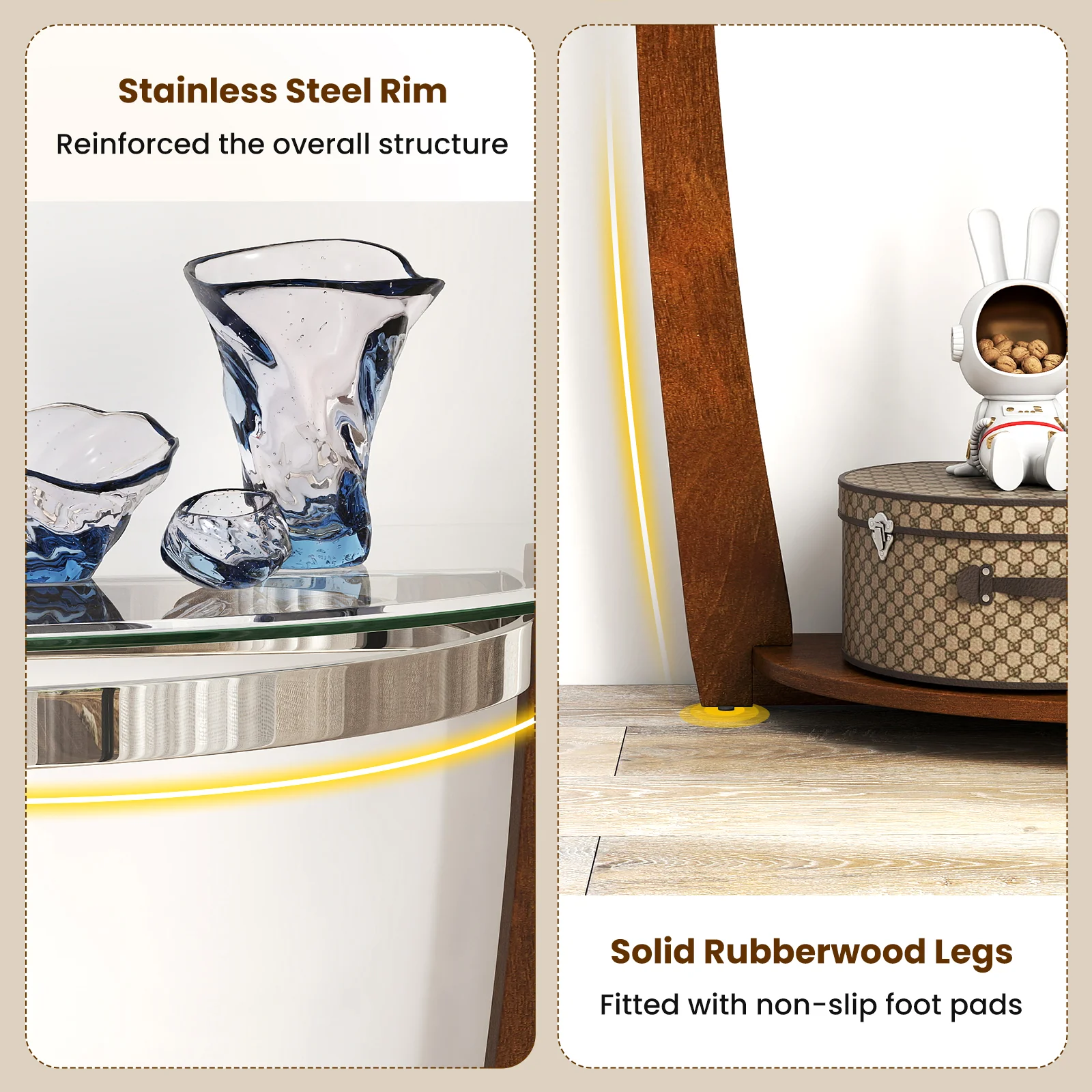 2-tier Tempered Glass Console Table with Clear Glass Top and Open Shelf, Walnut - Image 9