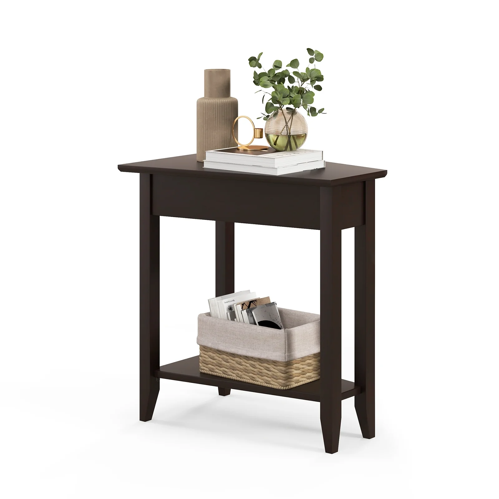 2-Tier Wedge Narrow End Table, Storage Shelf, Solid Wood Legs, Espresso