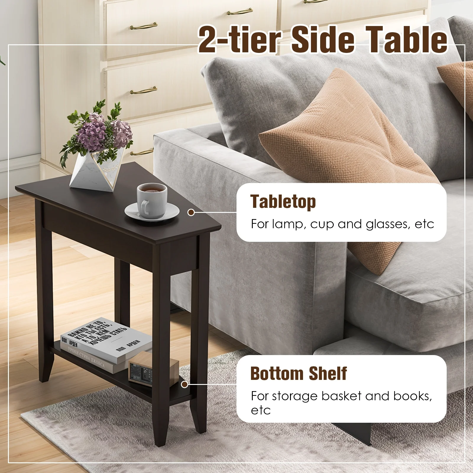 2-Tier Wedge Narrow End Table, Storage Shelf, Solid Wood Legs, Espresso - Image 10