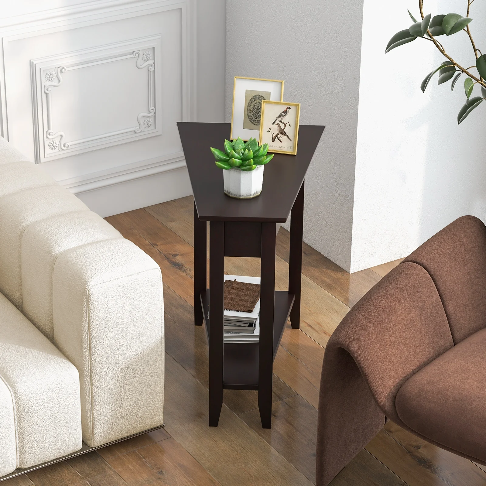 2-Tier Wedge Narrow End Table, Storage Shelf, Solid Wood Legs, Espresso - Image 3
