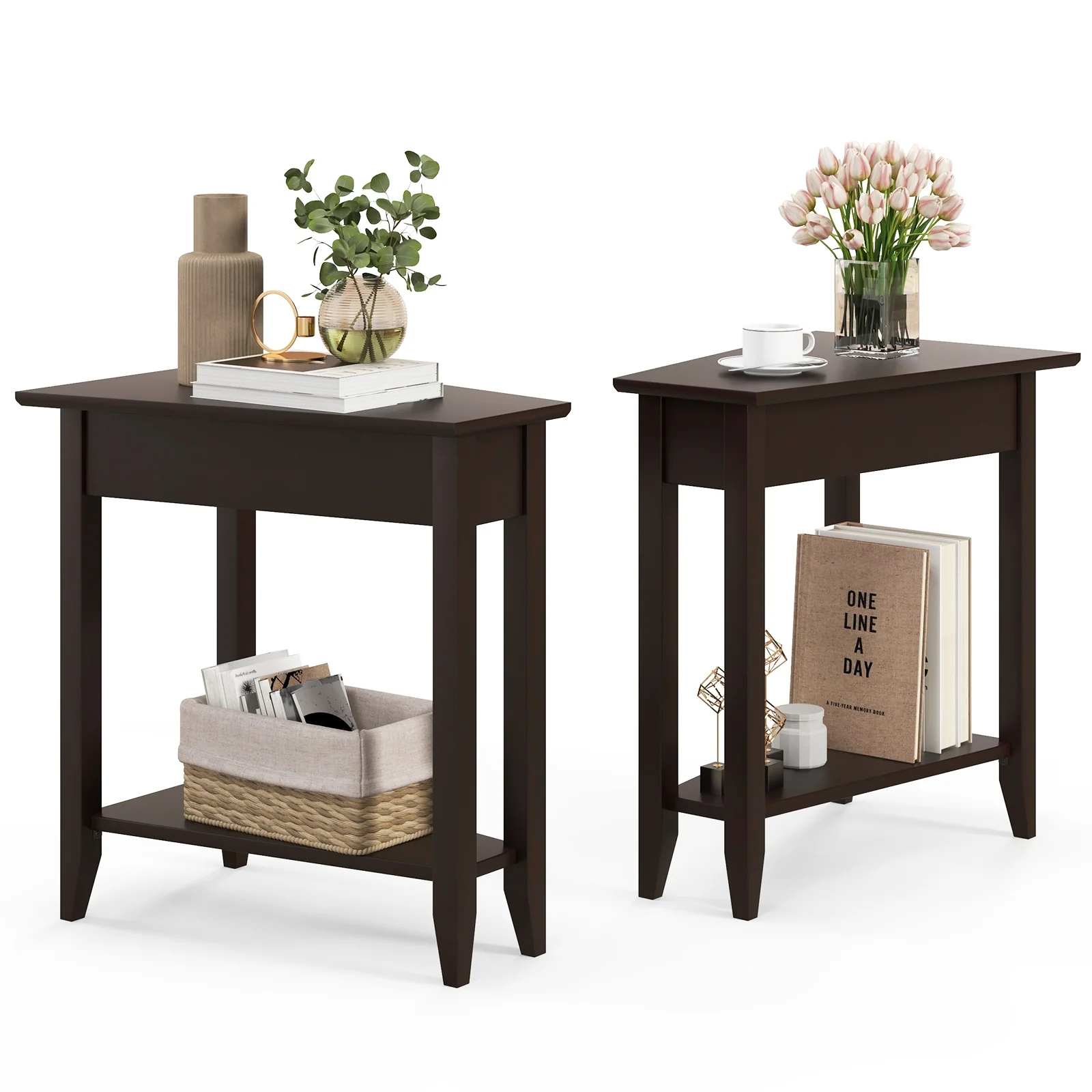 2-Tier Wedge Narrow End Table, Storage Shelf, Solid Wood Legs, Espresso - Image 5