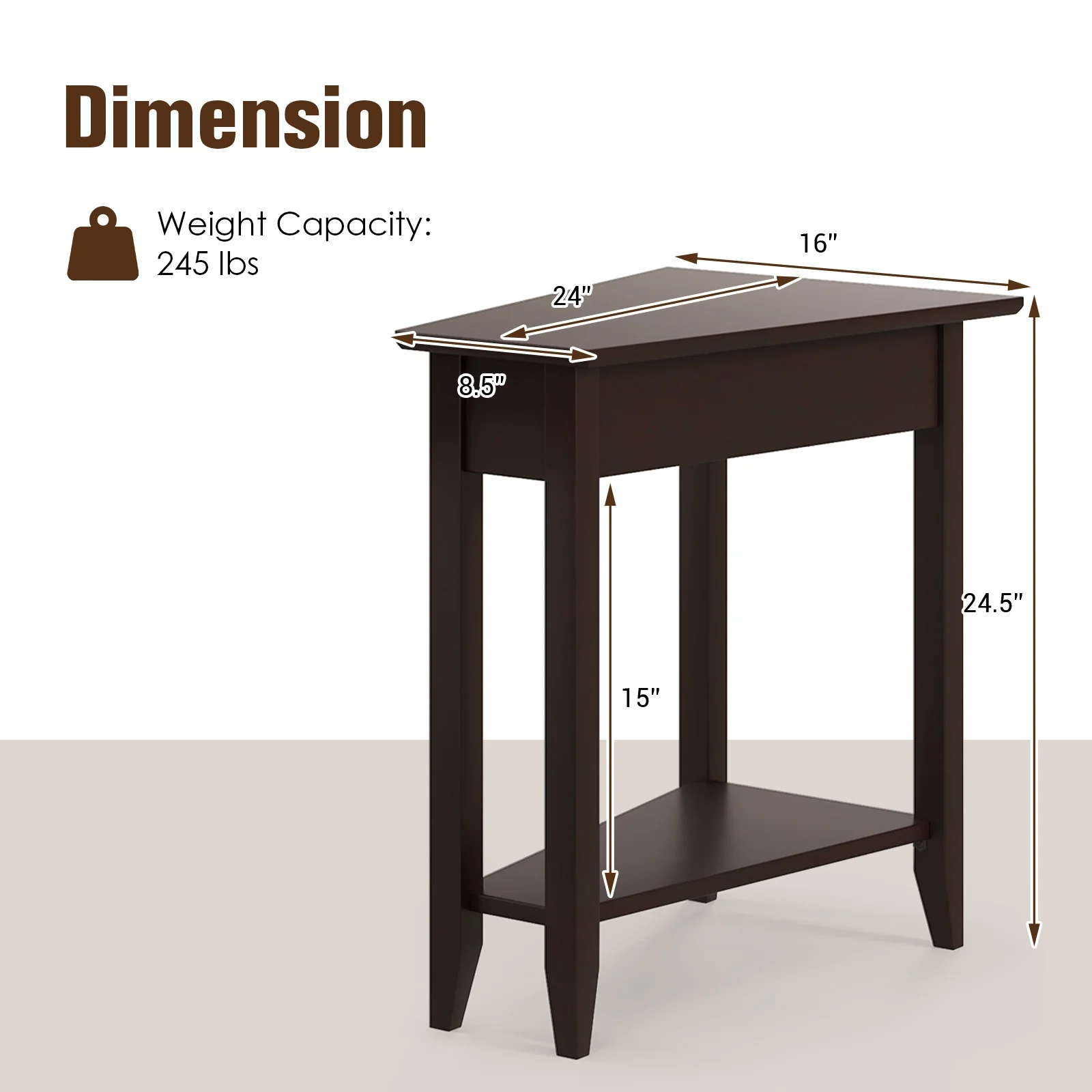 2-Tier Wedge Narrow End Table, Storage Shelf, Solid Wood Legs, Espresso - Image 6