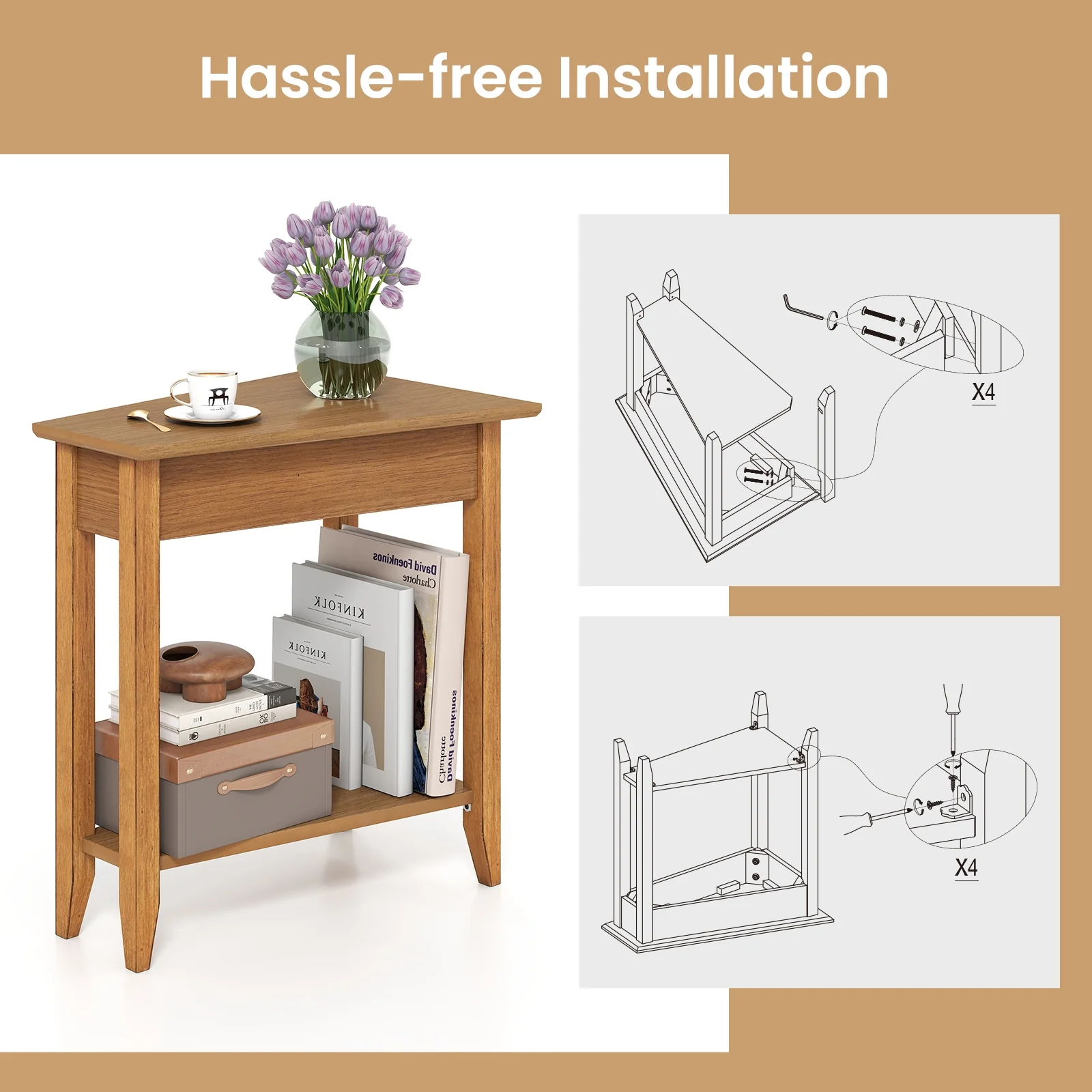2-Tier Wedge Narrow End Table, Storage Shelf, Solid Wood Legs, Walnut - Image 10