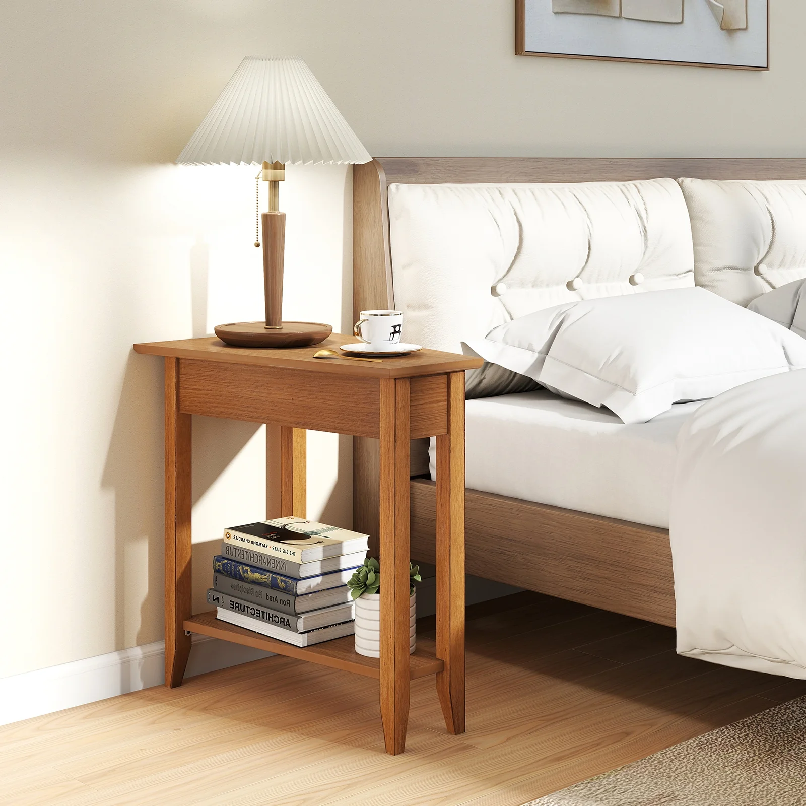 2-Tier Wedge Narrow End Table, Storage Shelf, Solid Wood Legs, Walnut - Image 3