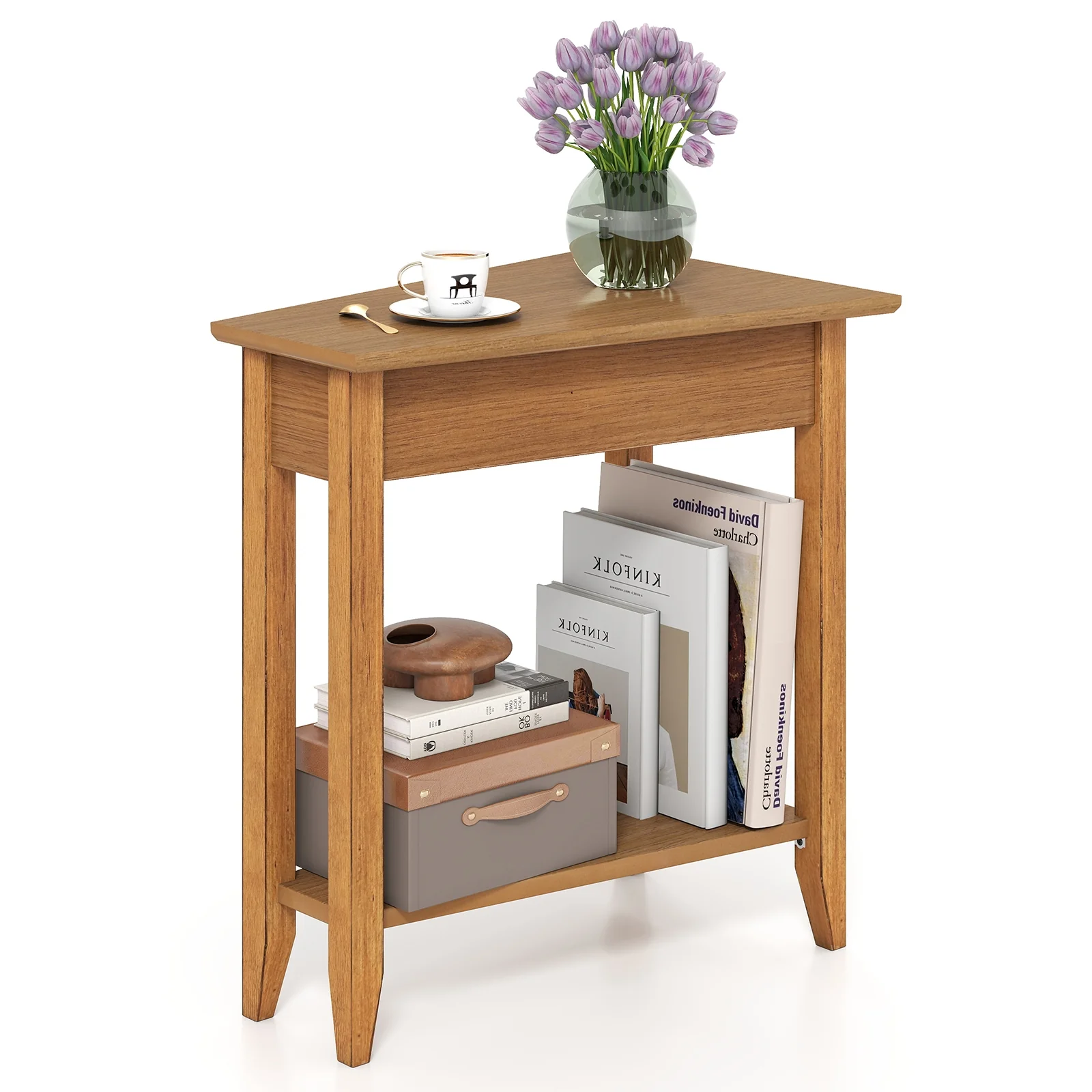 2-Tier Wedge Narrow End Table, Storage Shelf, Solid Wood Legs, Walnut - Image 4