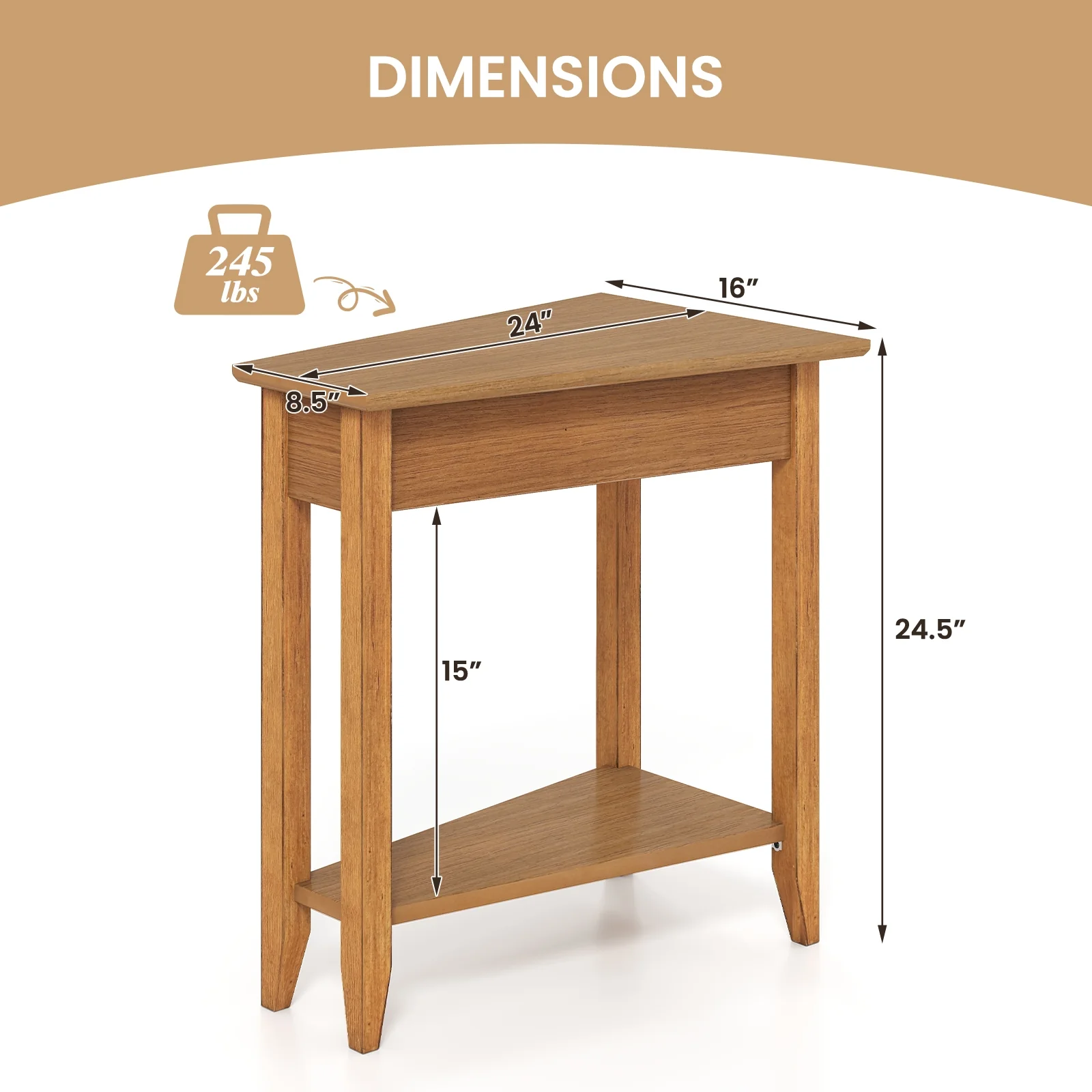 2-Tier Wedge Narrow End Table, Storage Shelf, Solid Wood Legs, Walnut - Image 6