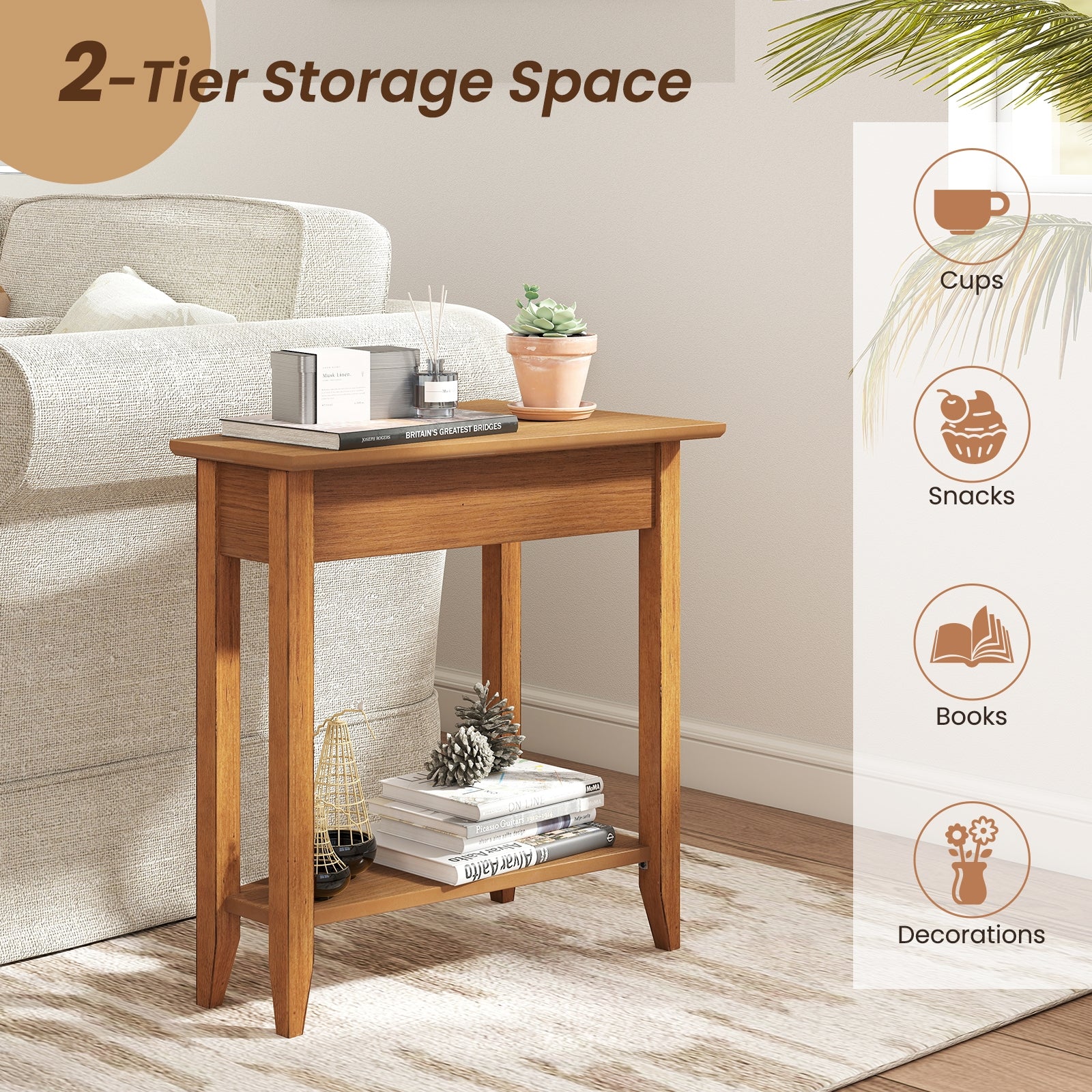 2-Tier Wedge Narrow End Table, Storage Shelf, Solid Wood Legs, Walnut - Image 7