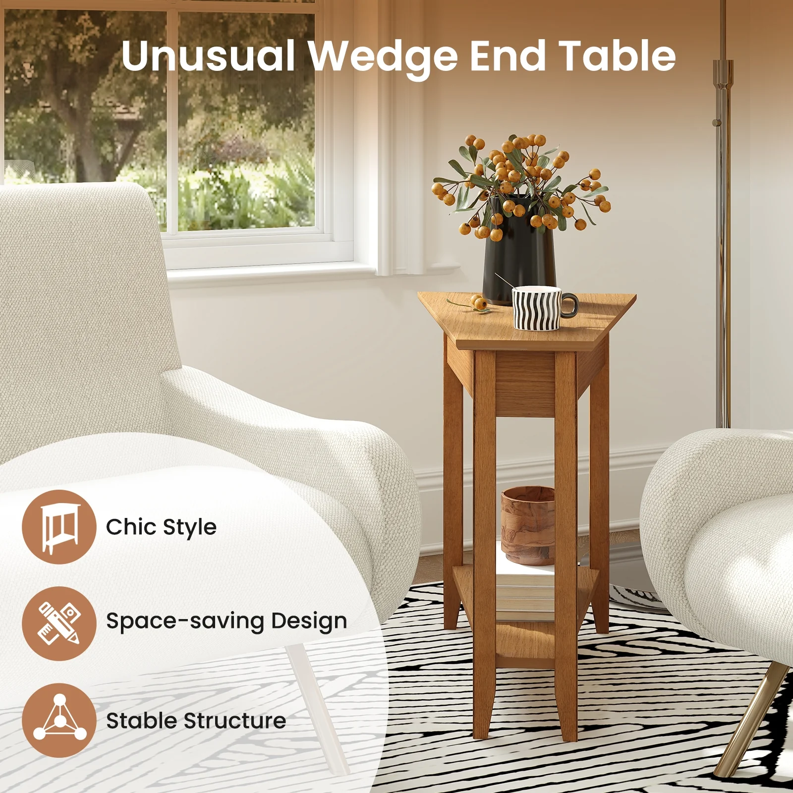 2-Tier Wedge Narrow End Table, Storage Shelf, Solid Wood Legs, Walnut - Image 9