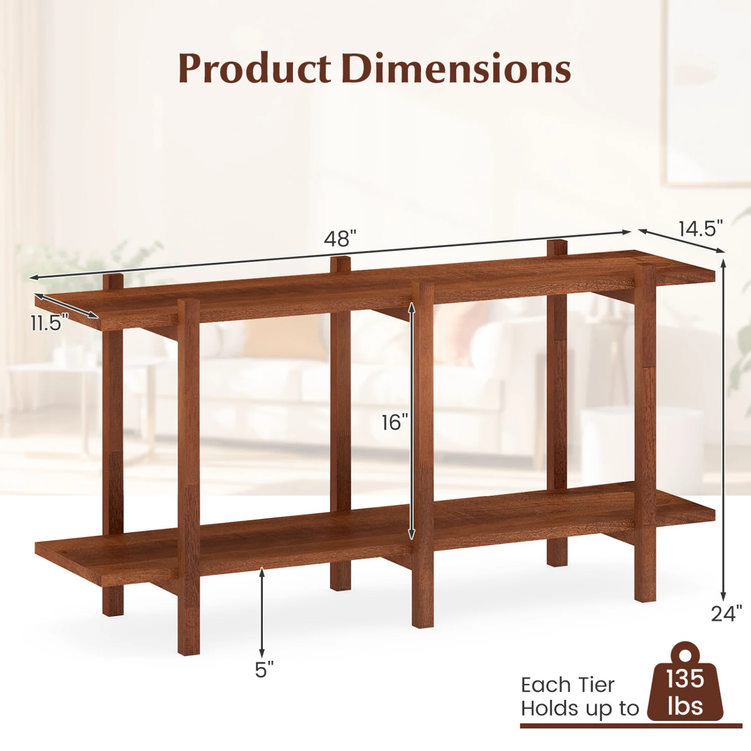 2-Tier Wood Bookshelf, Low Horizontal Rubberwood Bookcase, Walnut - Image 6
