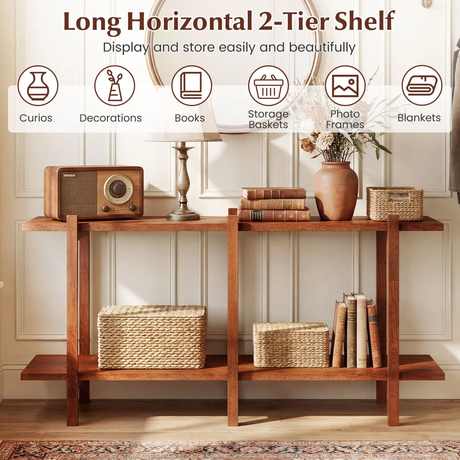 2-Tier Wood Bookshelf, Low Horizontal Rubberwood Bookcase, Walnut - Image 8