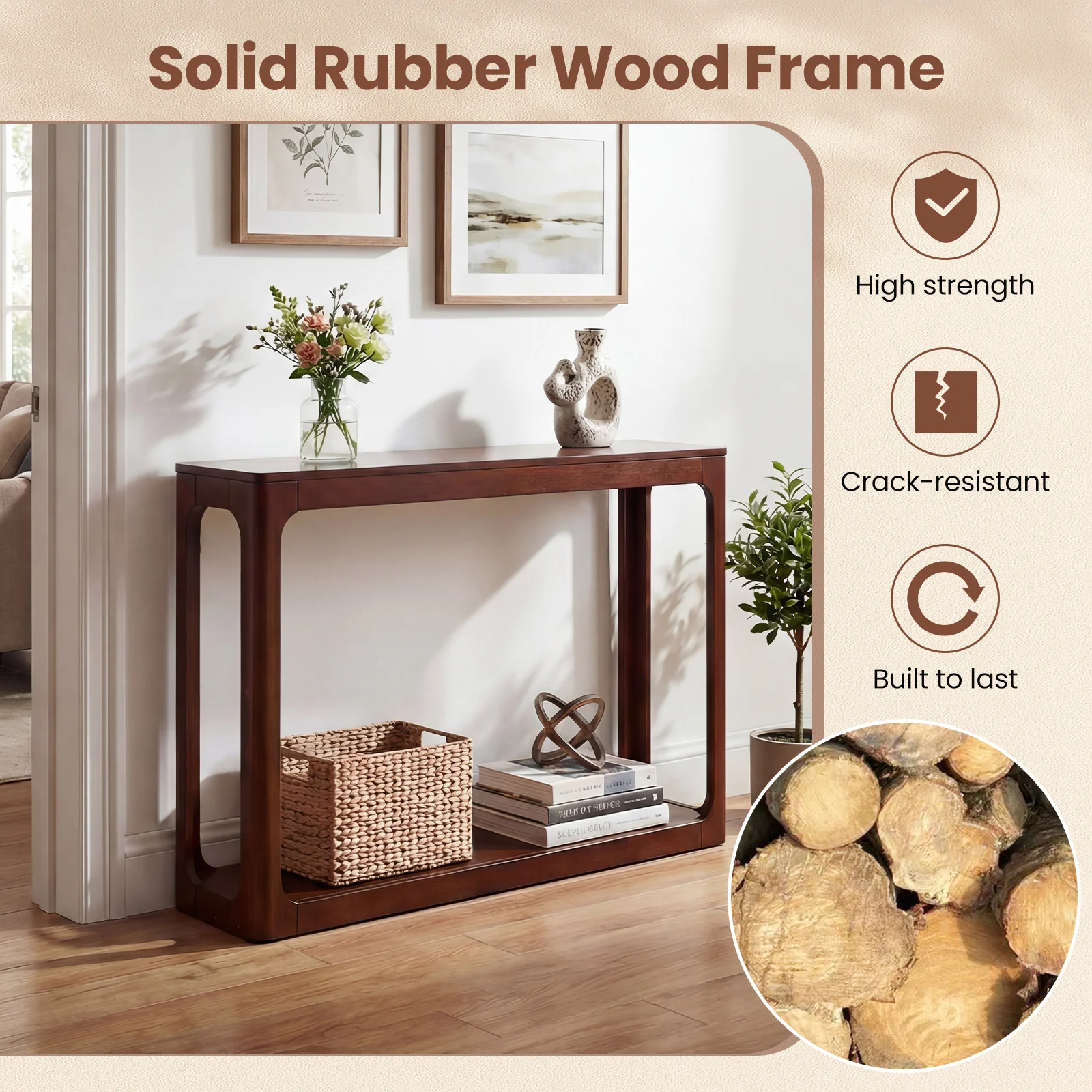2-Tier Wood Console Table, Storage Shelf, Brown - Image 7