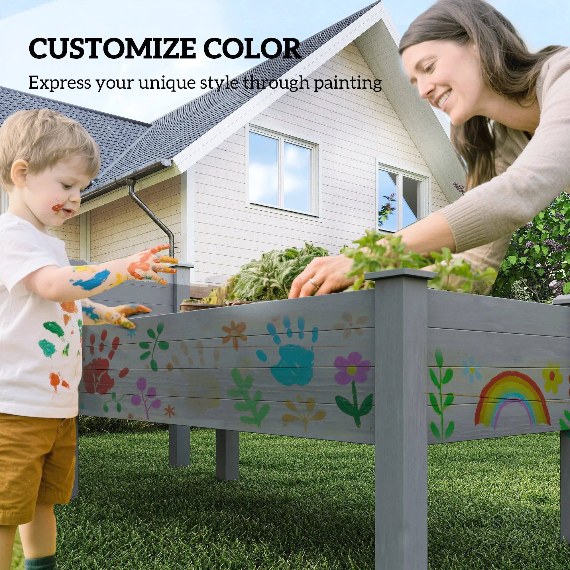 2 Tier Wood Plant Stand, Raised Bed for Flowers Vegetables, Grey - Image 7