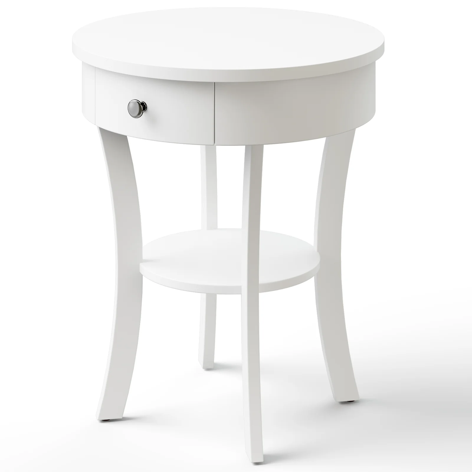 2-Tier Wood Round End Table, With Open Drawer, White - Image 2